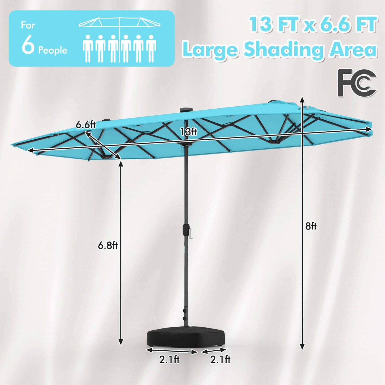 Costway 13FT Double-sided Patio Umbrella with Solar Lights Crank Handle Umbrella Base Turquoise/Gray/Navy/Orange/Beige/Brown