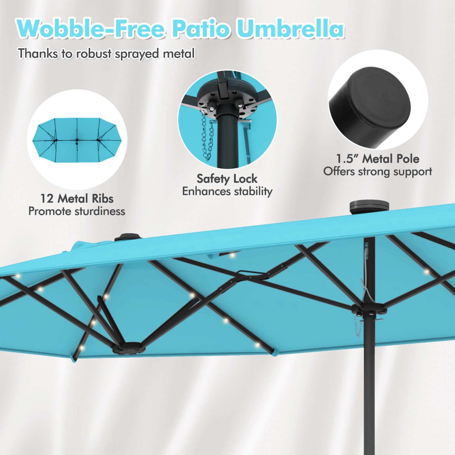 Costway 13FT Double-sided Patio Umbrella with Solar Lights Crank Handle Umbrella Base Turquoise/Gray/Navy/Orange/Beige/Brown