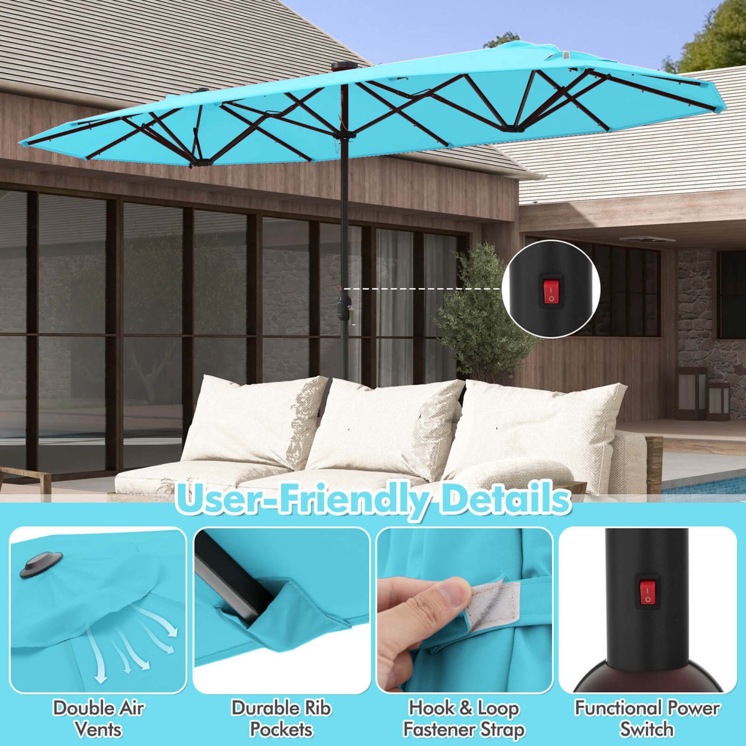 Costway 13FT Double-sided Patio Umbrella with Solar Lights Crank Handle Umbrella Base Turquoise/Gray/Navy/Orange/Beige/Brown
