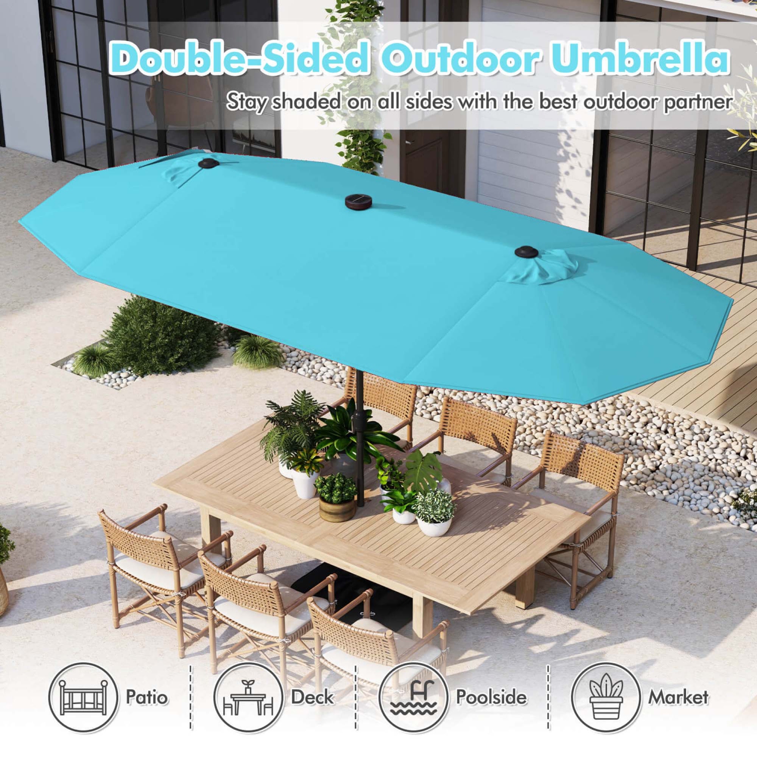 Costway 13FT Double-sided Patio Umbrella with Solar Lights Crank Handle Umbrella Base Turquoise/Gray/Navy/Orange/Beige/Brown