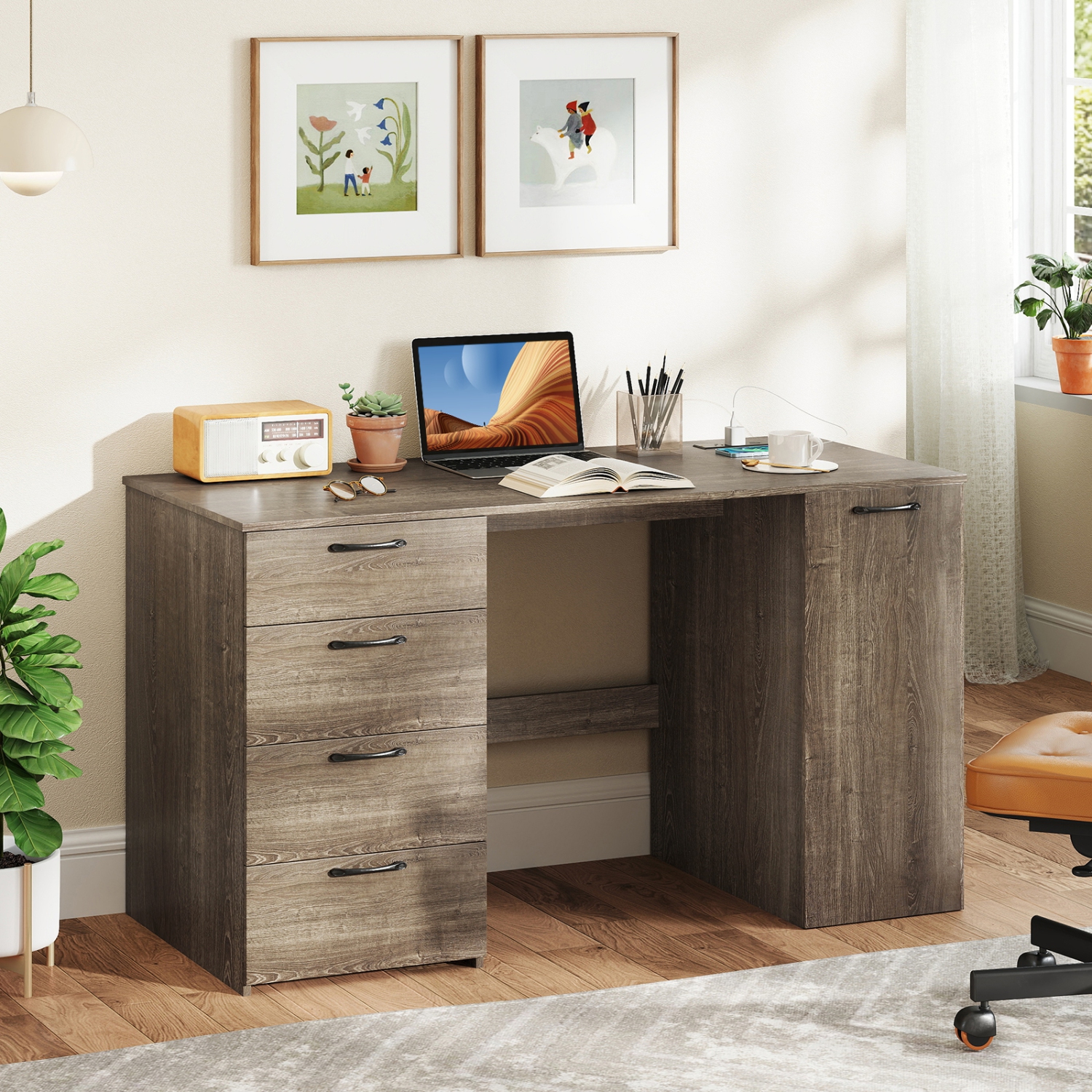 Bureau d'ordinateur de 53&nbsp;po avec prises d'alimentation de Costway, grand bureau de direction avec 4 tiroirs de rangement gris/blanc