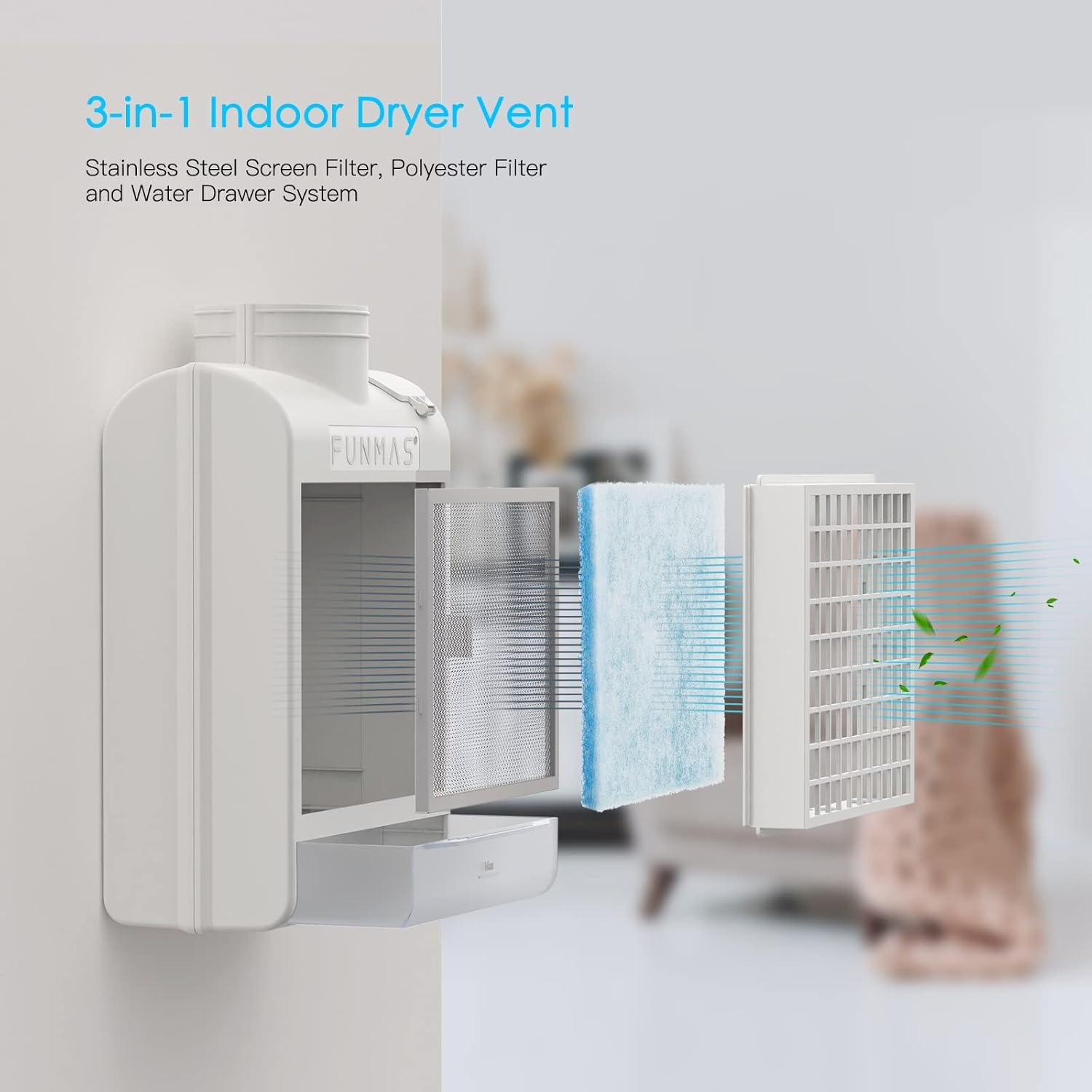 FUNMAS 3-in-1 Indoor Dryer Vent, Stainless Steel Screen Filter, Polyester Filter and Water Drawer System, Upgrade Safety Vent Flap, with 4 Pieces