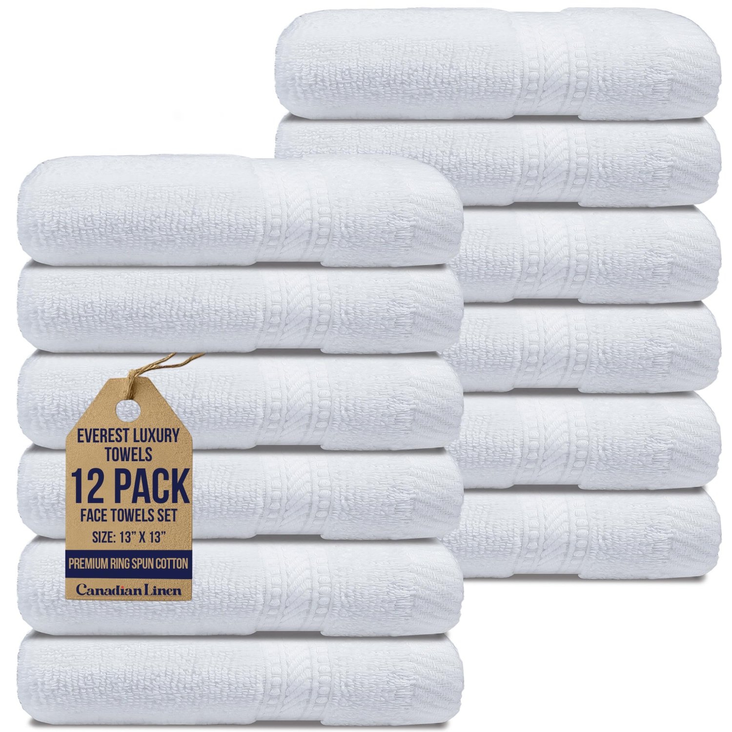 Canadian Linen Washcloths, 13"x13", 12 Pack, Soft Absorbent Cotton Lightweight Quick Dry Face Towel Sets for Hotel Yoga Massage Spa Hair Salons, White