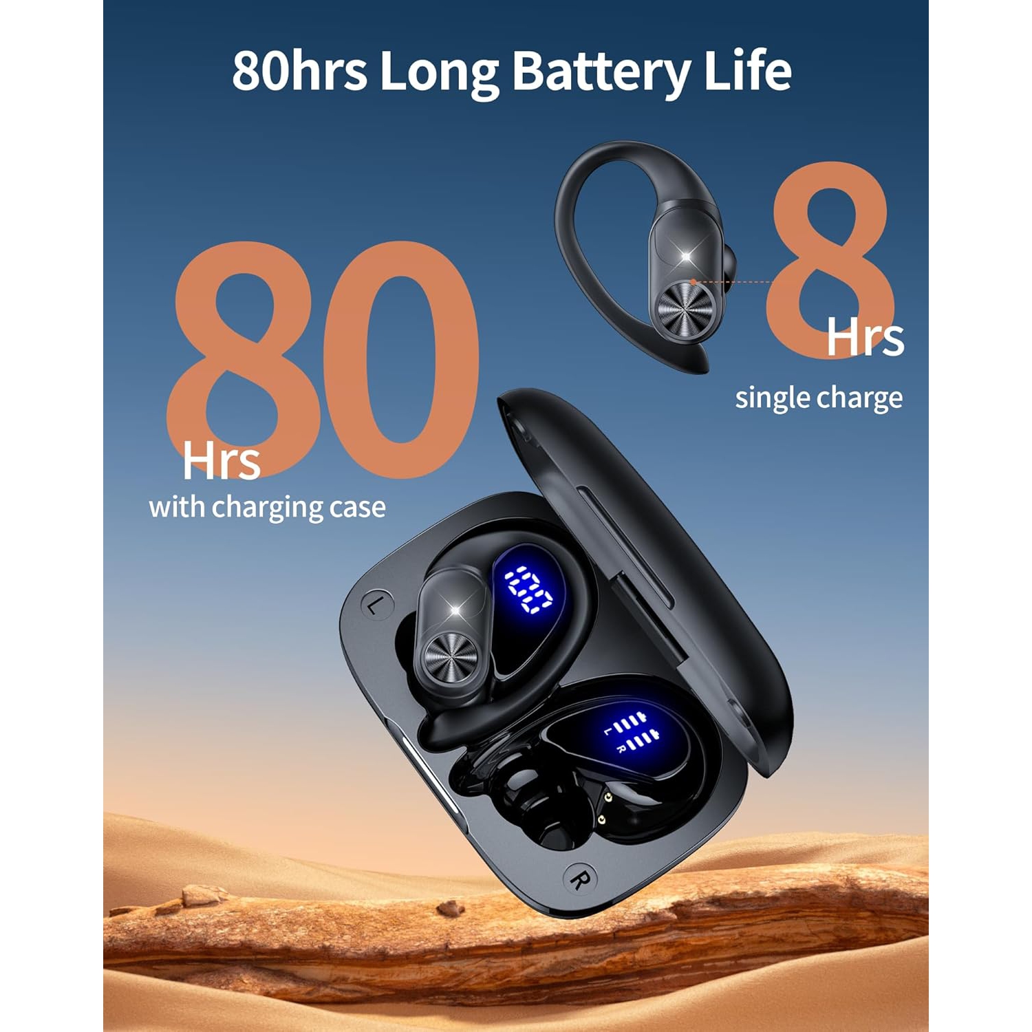 Écouteurs Bluetooth Écouteurs boutons sans fil 80 heures Playtime Étui de chargement sans fil Écran numérique Écouteurs boutons sport avec crochet