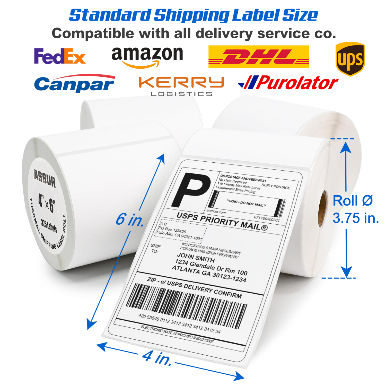 4"x6" Direct Thermal Shipping Labels, 975 Labels /3 Rolls