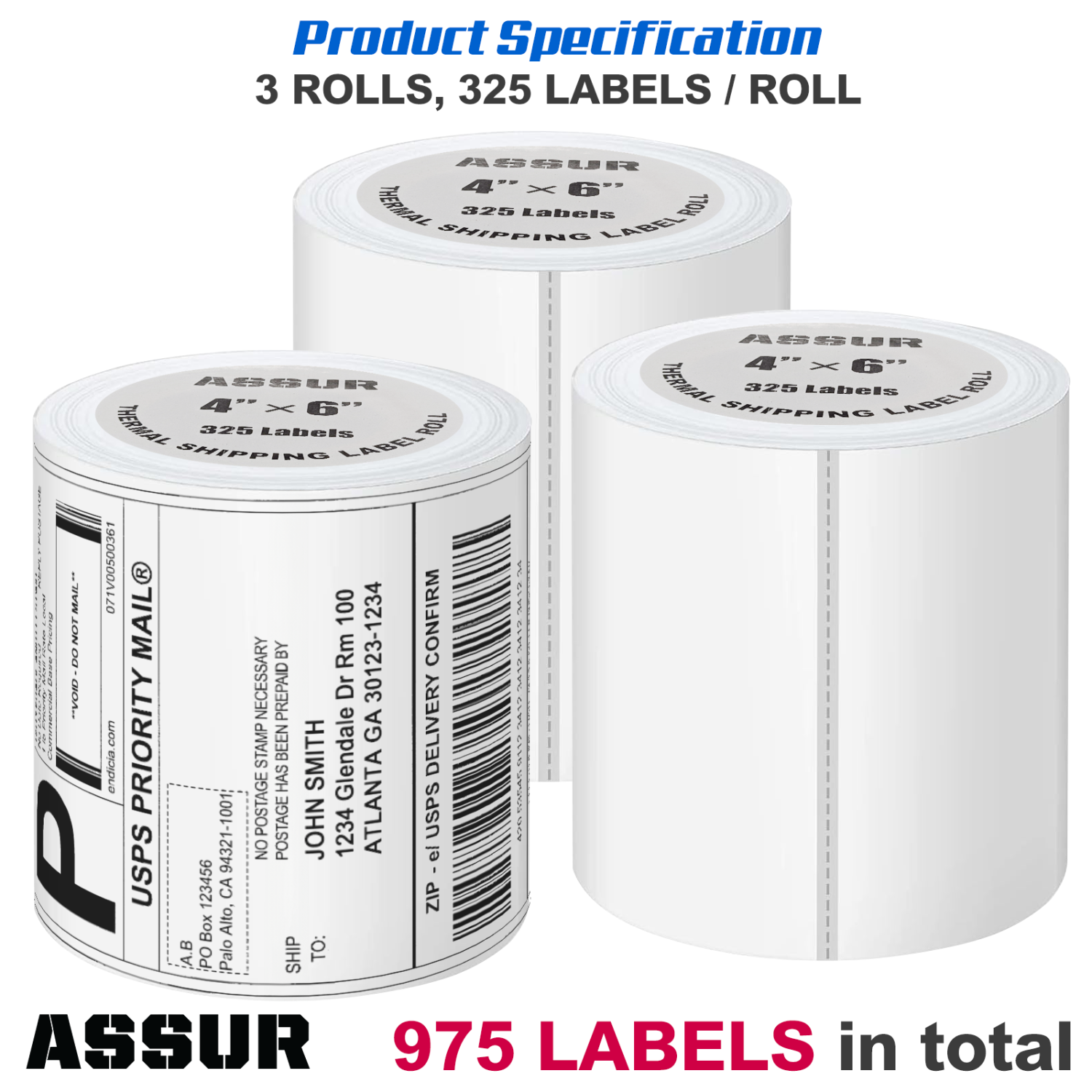 4"x6" Direct Thermal Shipping Labels, 975 Labels /3 Rolls