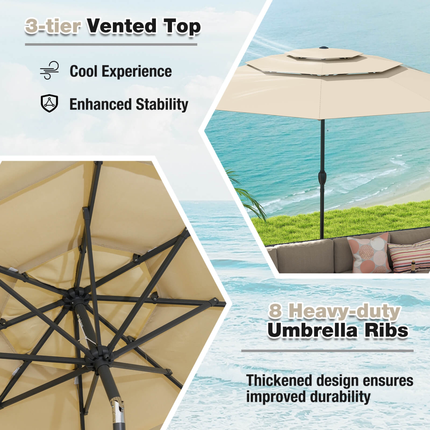 Costway 10 ft 3-tier Vented Patio Umbrella Large Market Table Umbrella Outdoor Sun Shade Brown/Turquoise/Navy/Beige/Gray/Red/Black