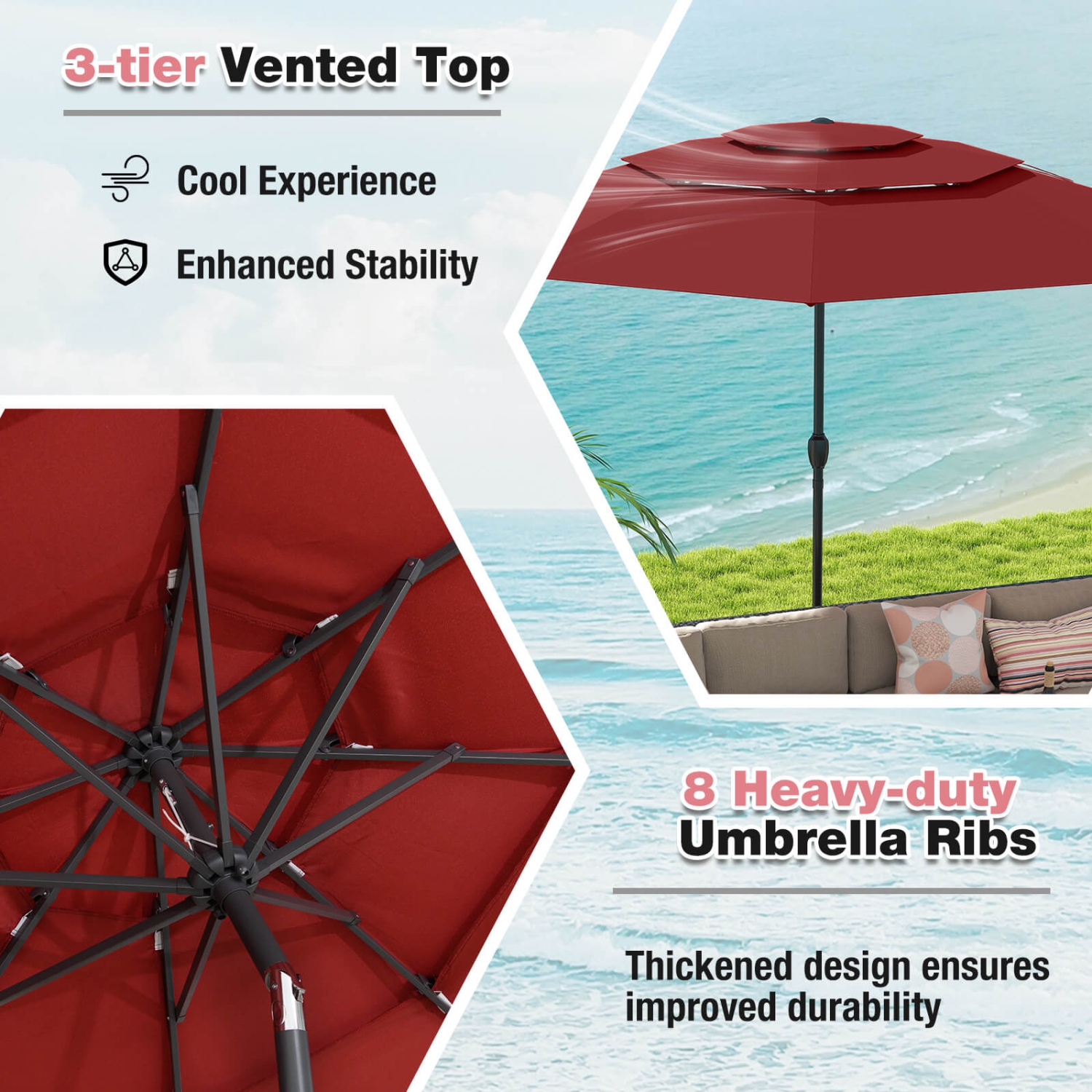 Parasol patio aéré à 3 niveaux 10&nbsp;pi de Costway Grand parasol extérieur brune/turquoise/bleu marine/beige/gris/rouge/noir