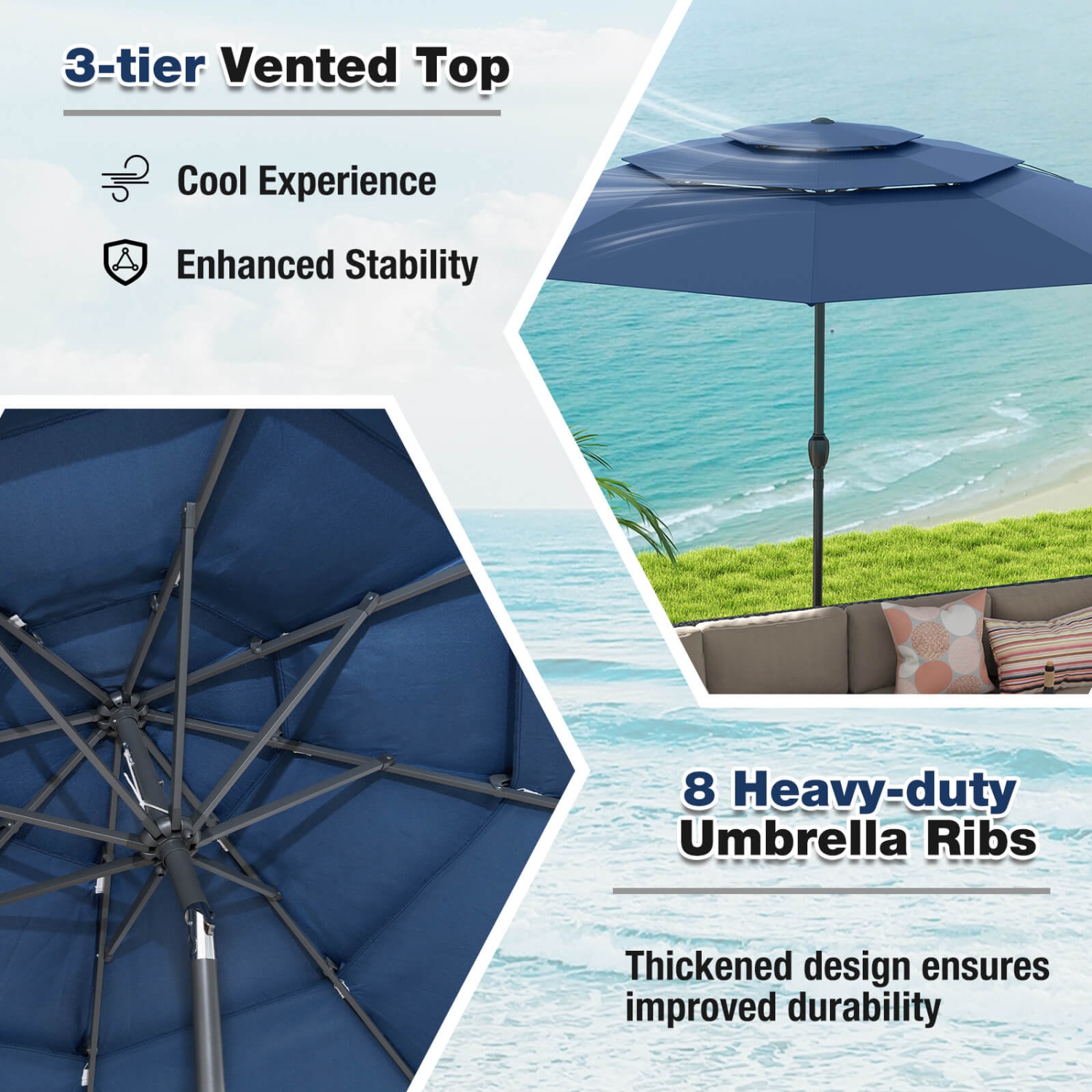 Parasol patio aéré à 3 niveaux 10&nbsp;pi de Costway Grand parasol extérieur brune/turquoise/bleu marine/beige/gris/rouge/noir