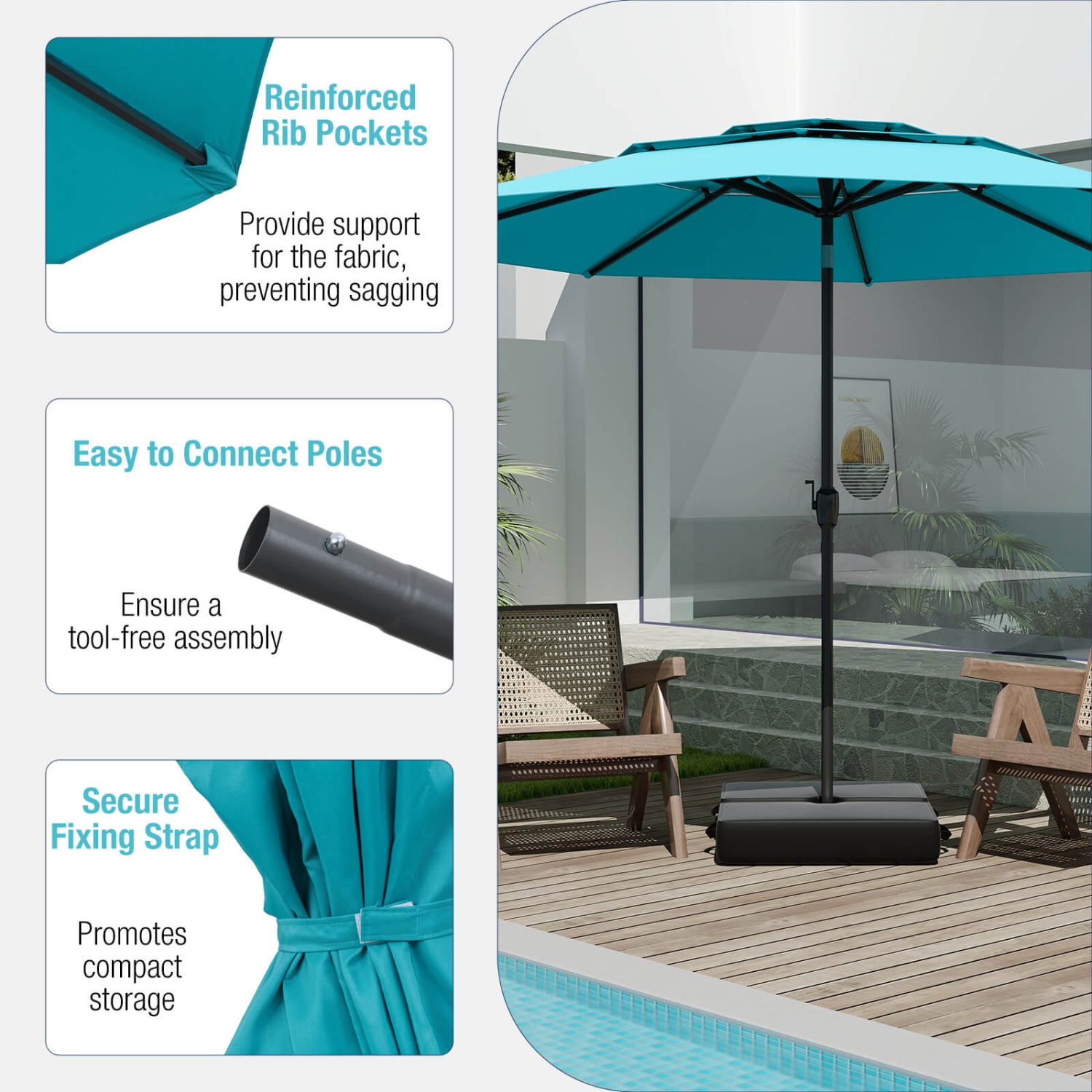 Costway 10 ft 3-tier Vented Patio Umbrella Large Market Table Umbrella Outdoor Sun Shade Brown/Turquoise/Navy/Beige/Gray/Red/Black