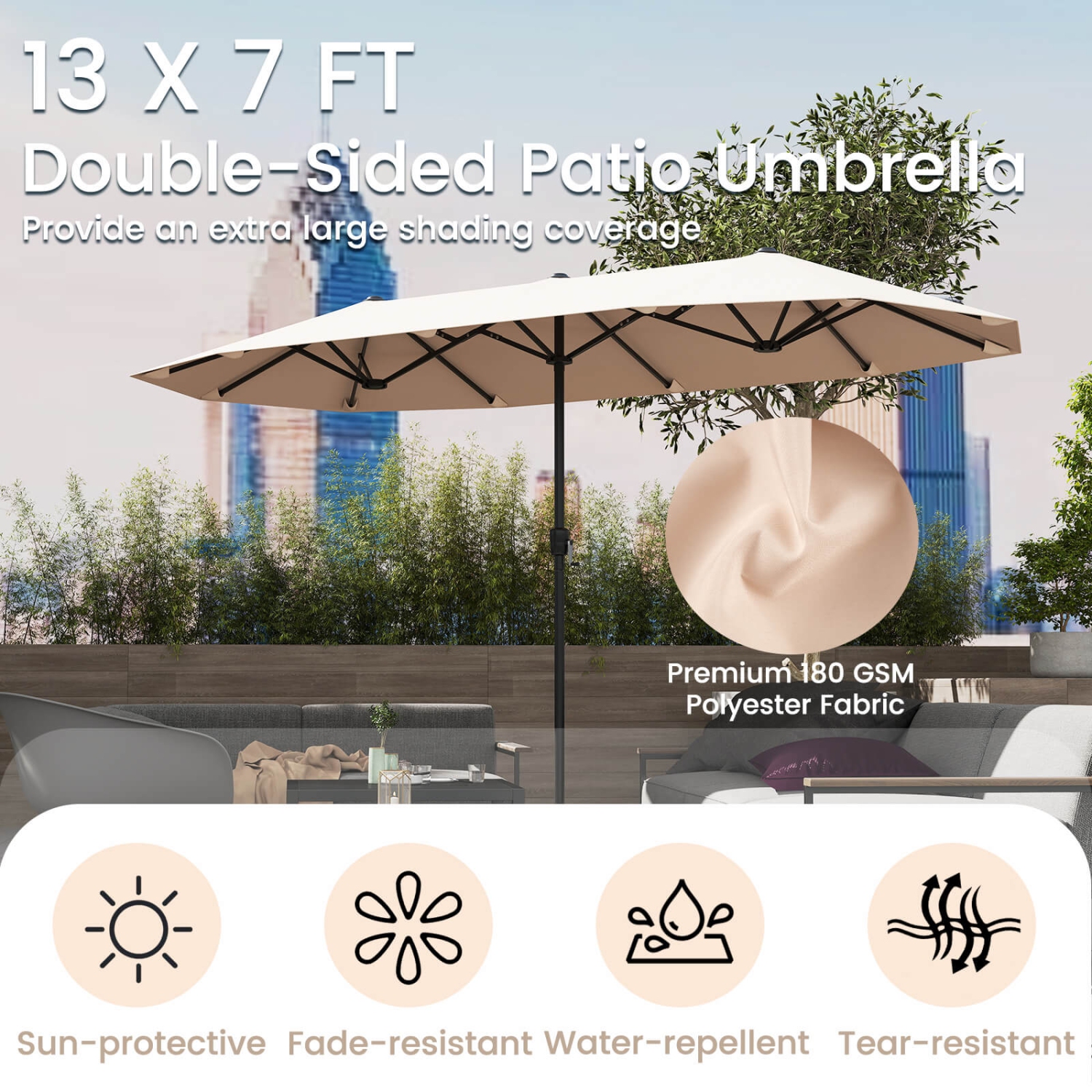 Costway 13 FT Large Patio Umbrella Outdoor Double-Sided Table Market Umbrella for Garden Beige/Brown/Gray/Navy/Orange/Wine