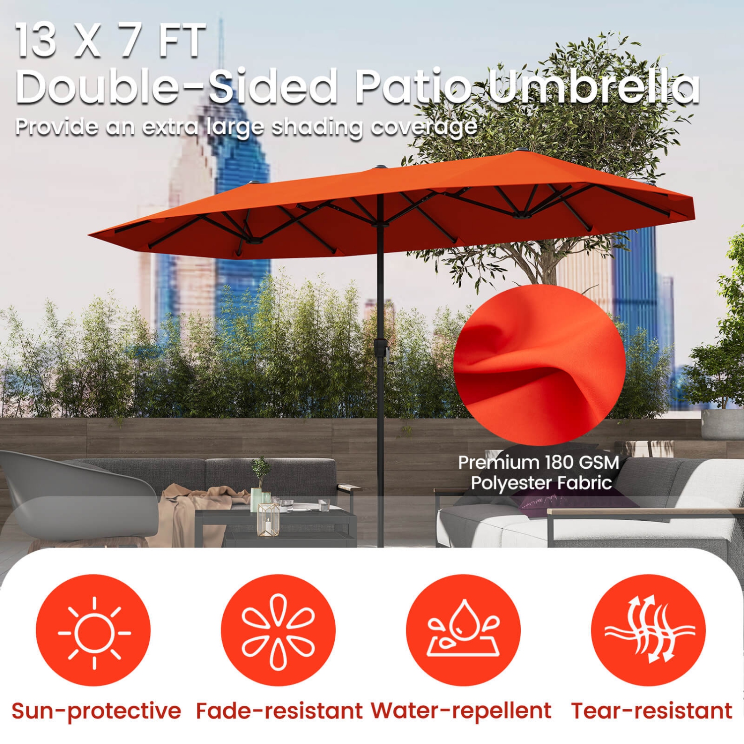 Costway 13 FT Large Patio Umbrella Outdoor Double-Sided Table Market Umbrella for Garden Beige/Brown/Gray/Navy/Orange/Wine