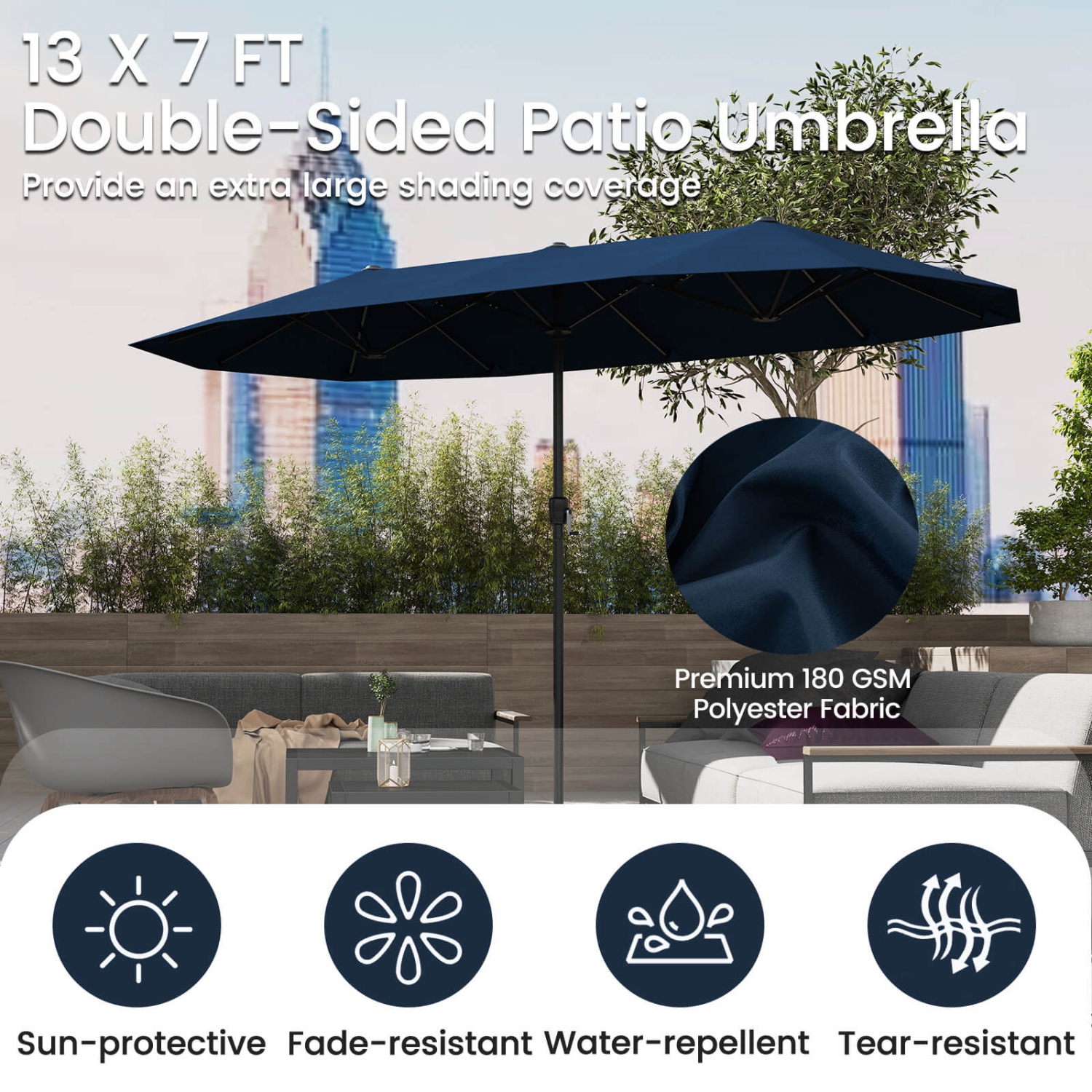 Costway 13 FT Large Patio Umbrella Outdoor Double-Sided Table Market Umbrella for Garden Beige/Brown/Gray/Navy/Orange/Wine