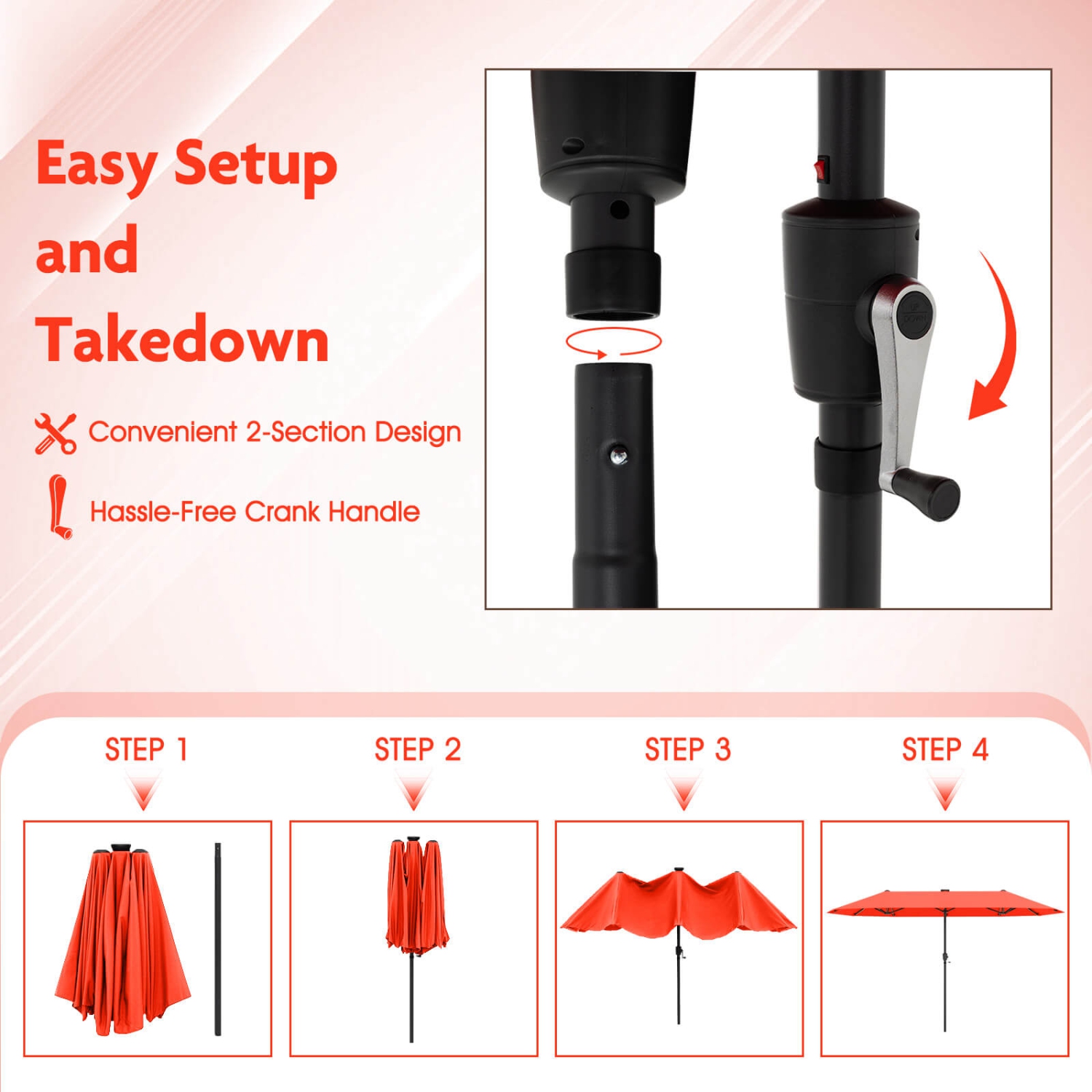 Grand parasol de patio de 13 pi de Costway avec lampe solaire LED, manivelle, poignée, 12 côtes robustes beige/brun/gris/marine/orange/vin