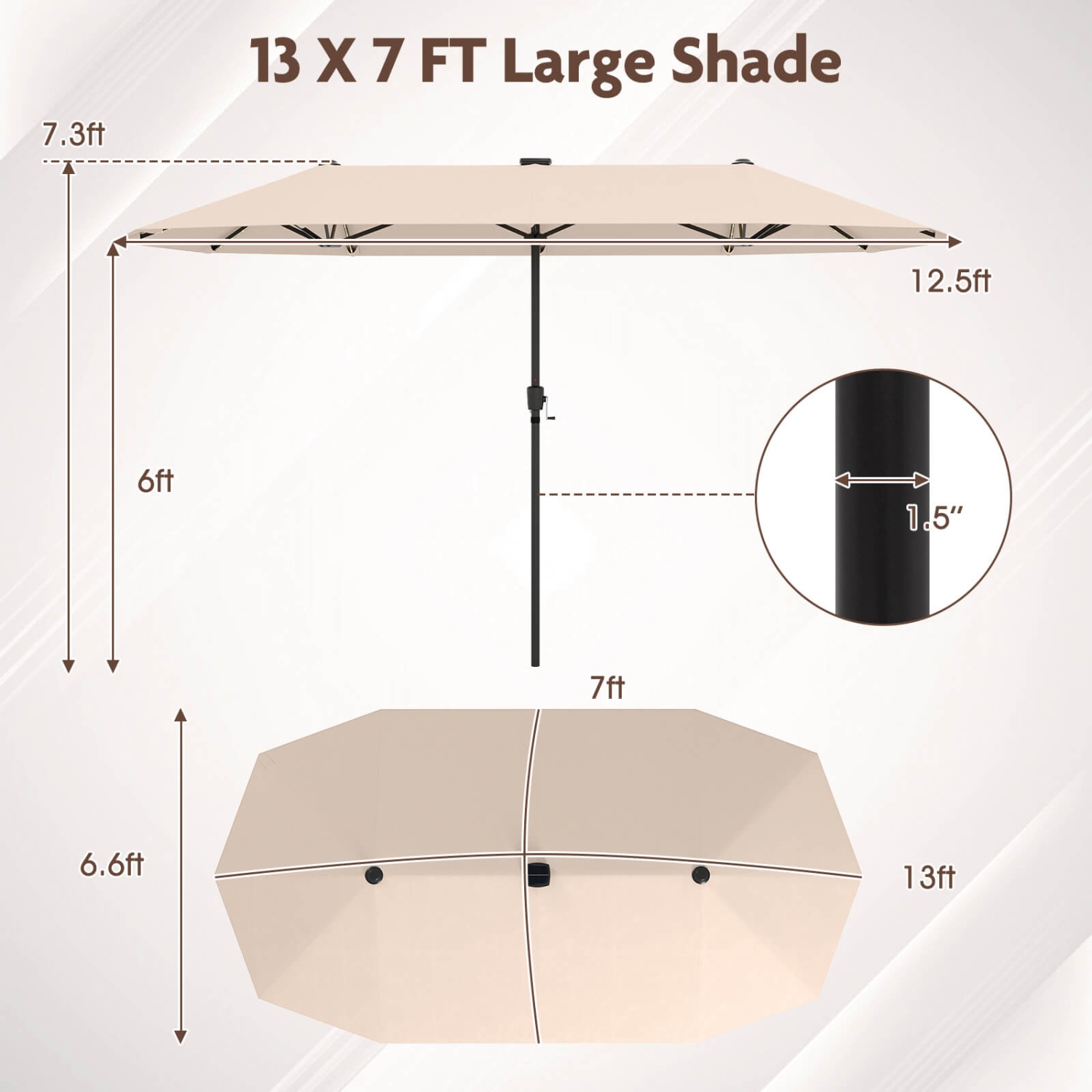 Costway 13 FT Large Patio Umbrella with LED Solar Lights Crank Handle 12 Heavy-Duty Ribs Beige/Brown/Gray/Navy/Orange/Wine