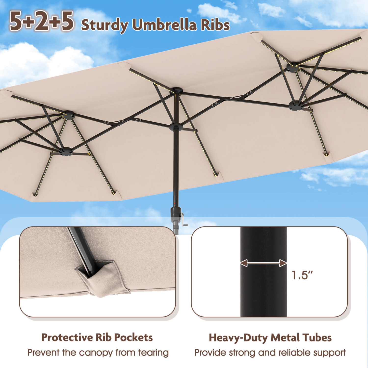 Costway 13 FT Large Patio Umbrella with LED Solar Lights Crank Handle 12 Heavy-Duty Ribs Beige/Brown/Gray/Navy/Orange/Wine