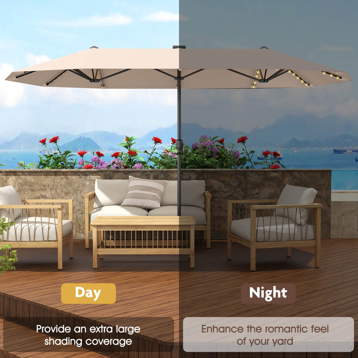 Costway 13 FT Large Patio Umbrella with LED Solar Lights Crank Handle 12 Heavy-Duty Ribs Beige/Brown/Gray/Navy/Orange/Wine