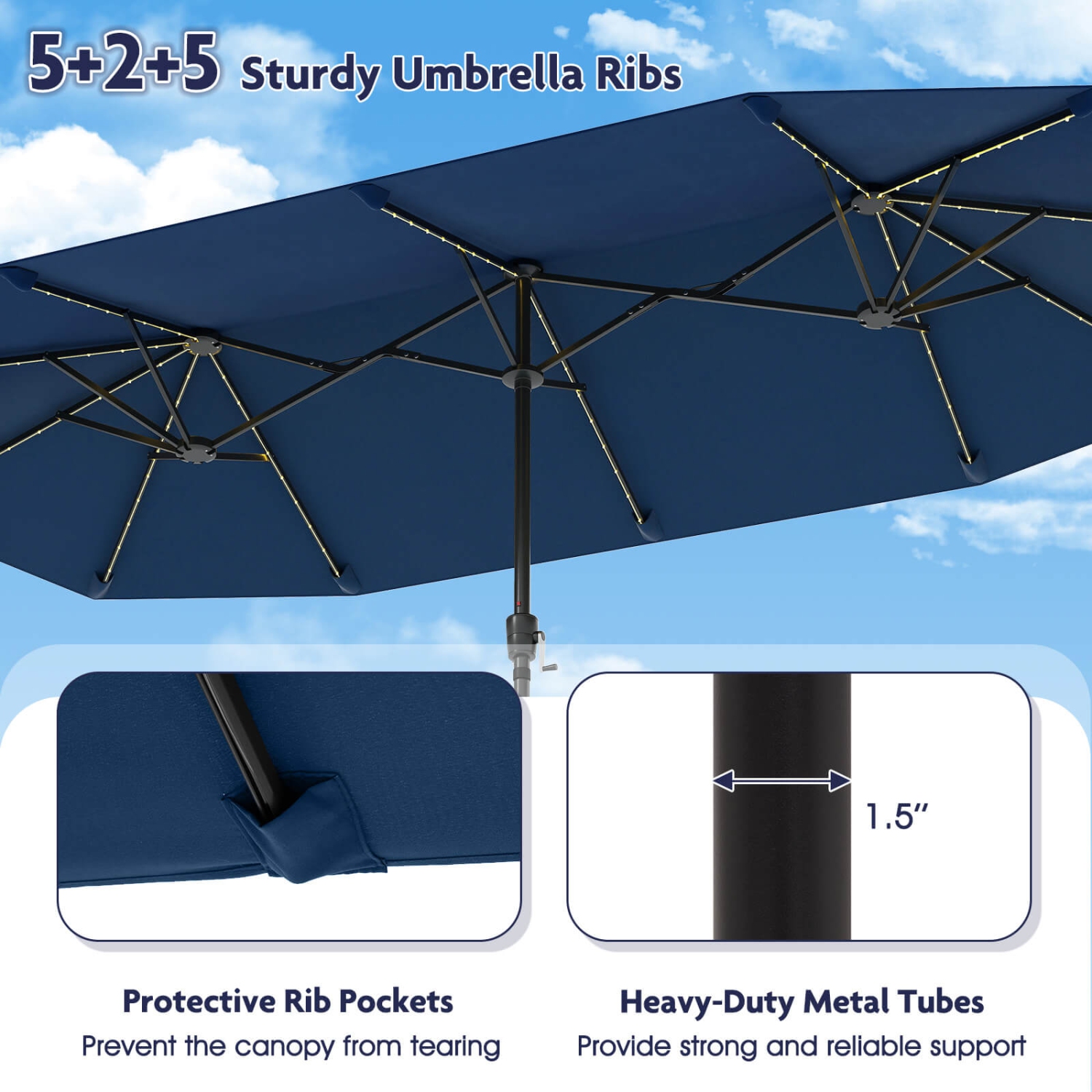 Grand parasol de patio de 13 pi de Costway avec lampe solaire LED, manivelle, poignée, 12 côtes robustes beige/brun/gris/marine/orange/vin