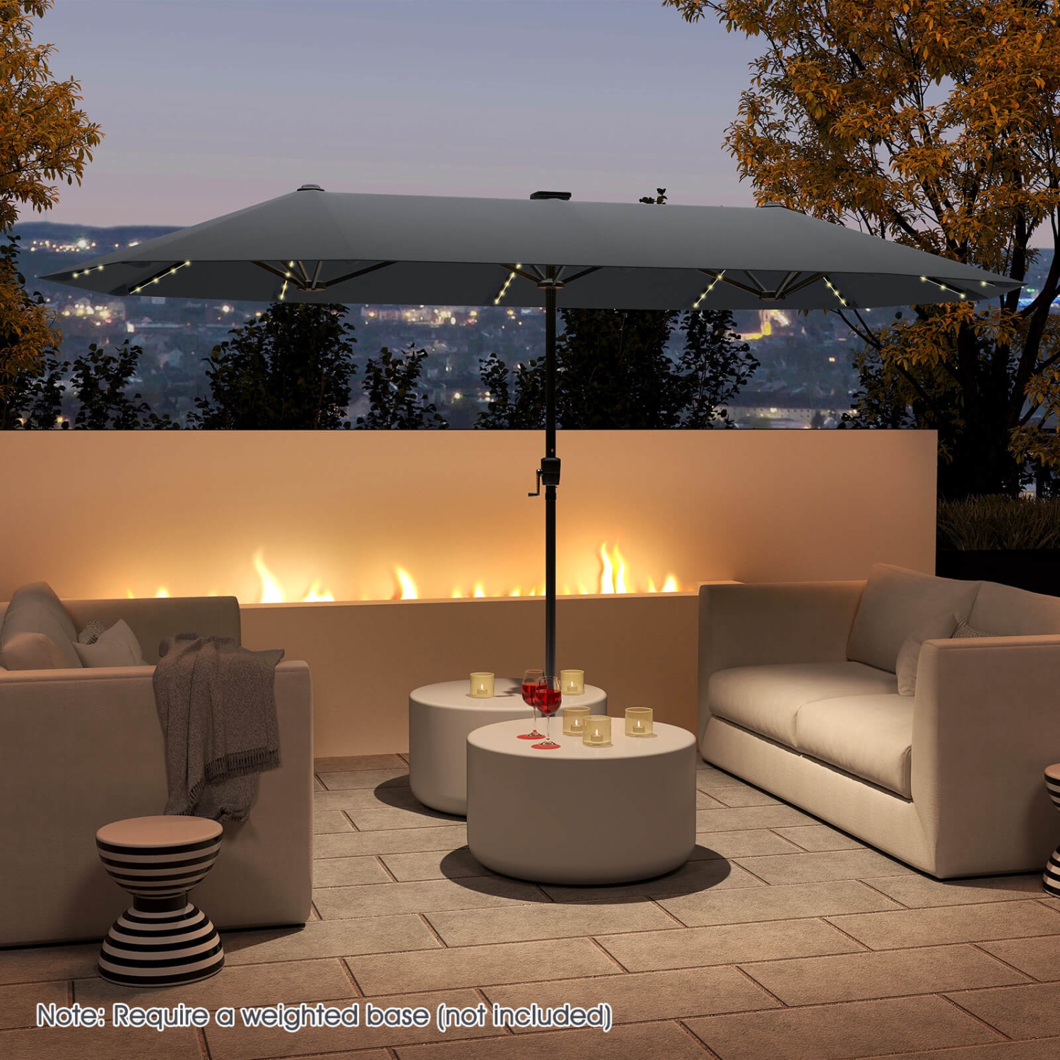 Costway 13 FT Large Patio Umbrella with LED Solar Lights Crank Handle 12 Heavy-Duty Ribs Beige/Brown/Gray/Navy/Orange/Wine