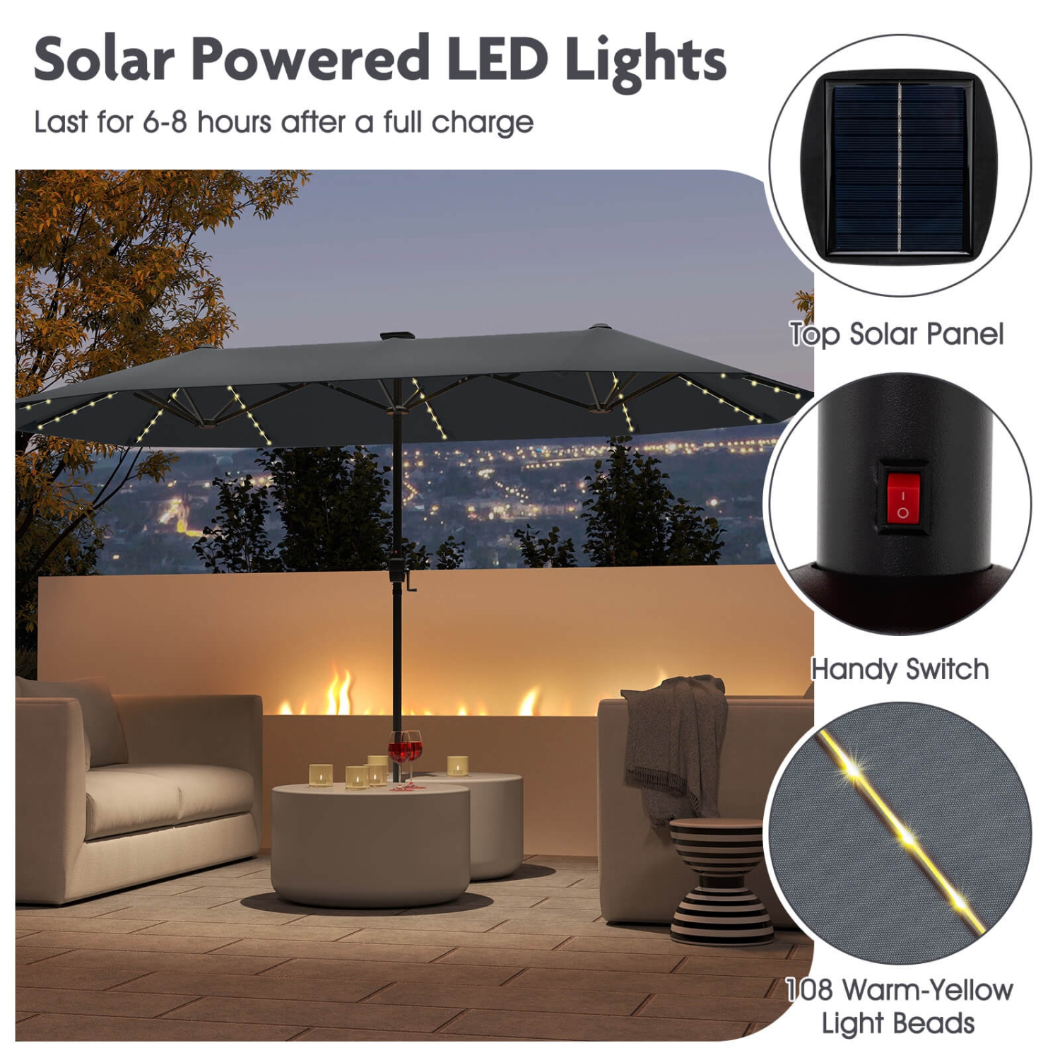 Costway 13 FT Large Patio Umbrella with LED Solar Lights Crank Handle 12 Heavy-Duty Ribs Beige/Brown/Gray/Navy/Orange/Wine