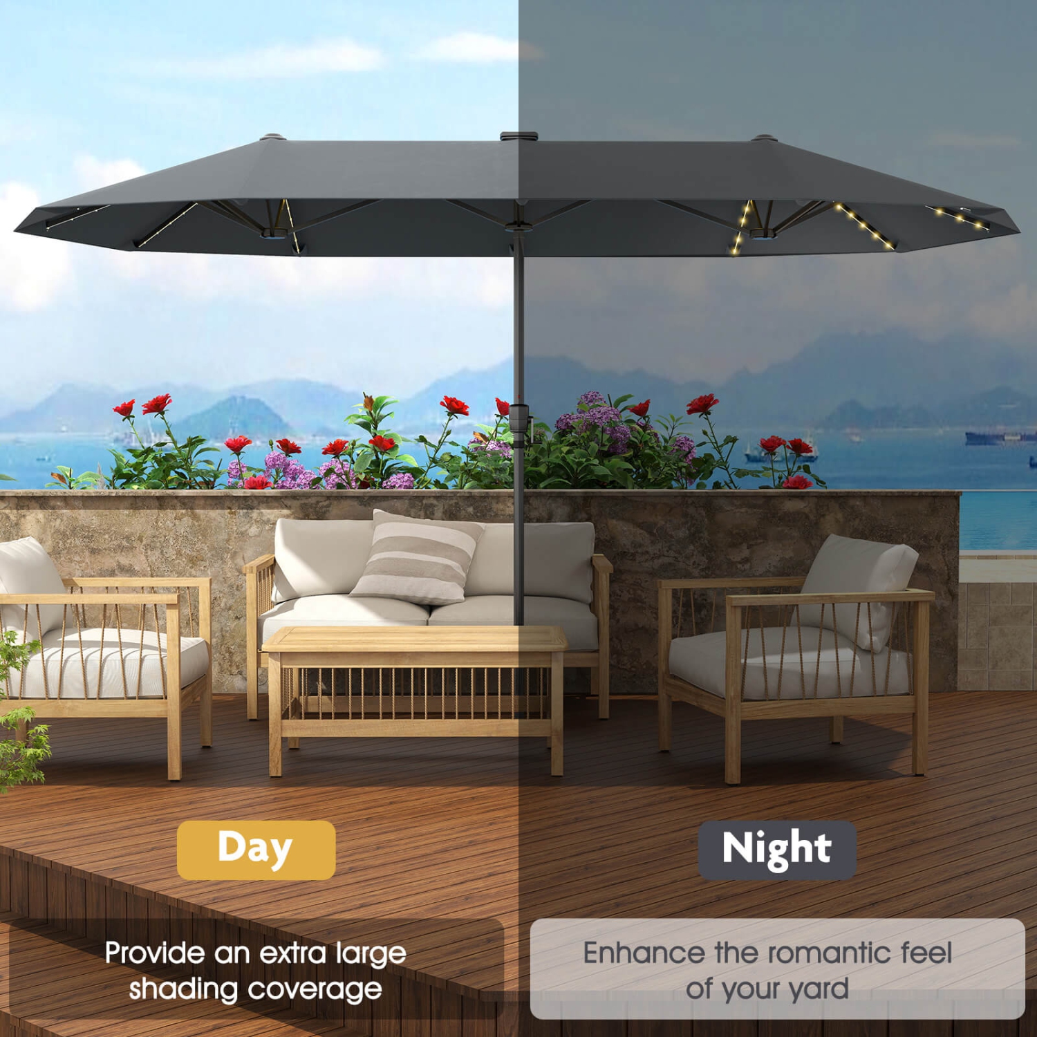 Costway 13 FT Large Patio Umbrella with LED Solar Lights Crank Handle 12 Heavy-Duty Ribs Beige/Brown/Gray/Navy/Orange/Wine