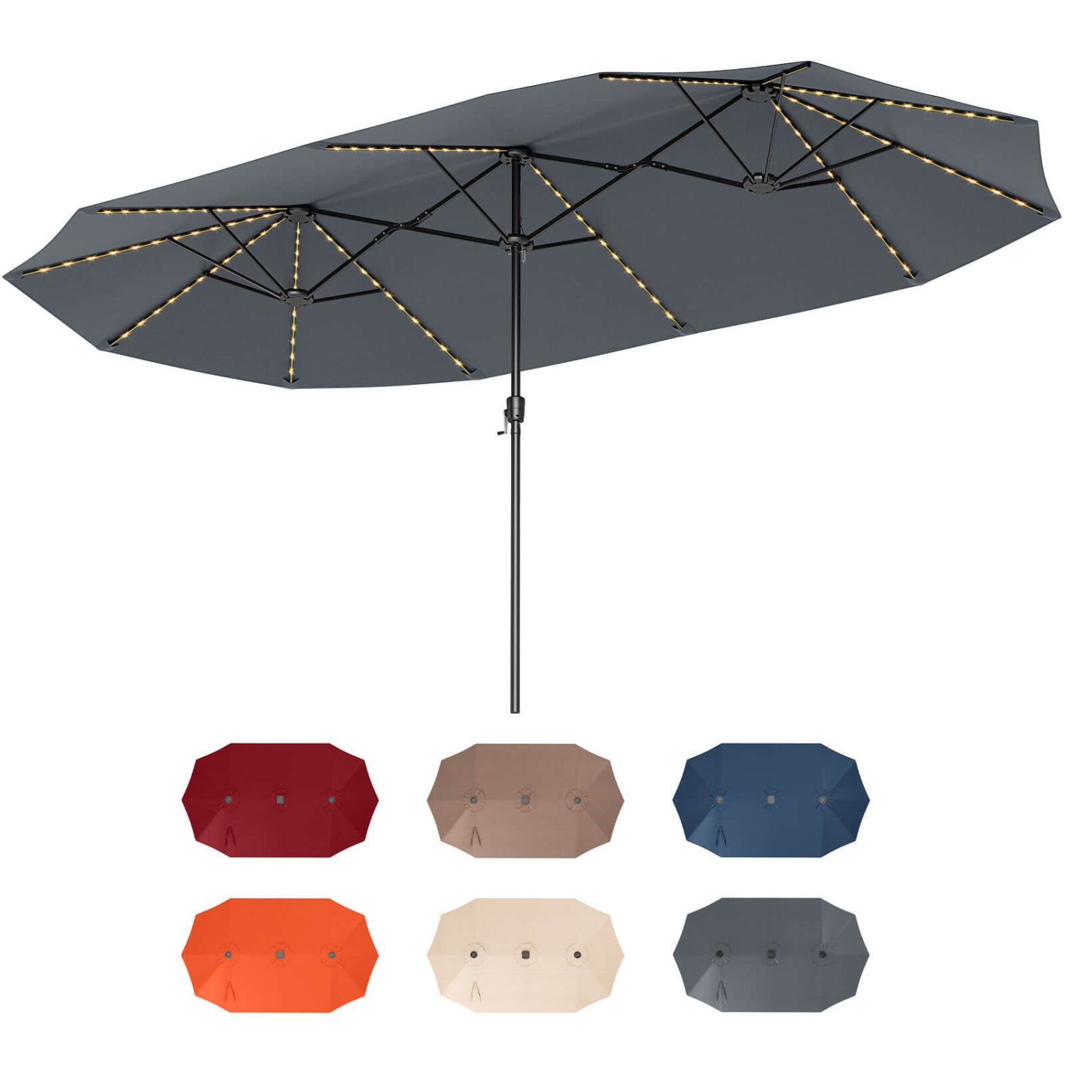 Costway 15.5 FT Extra-Large Patio Umbrella with LED Solar Lights & 12 Heavy-Duty Ribs Beige/Orange/Brown/Gray/Navy/Red