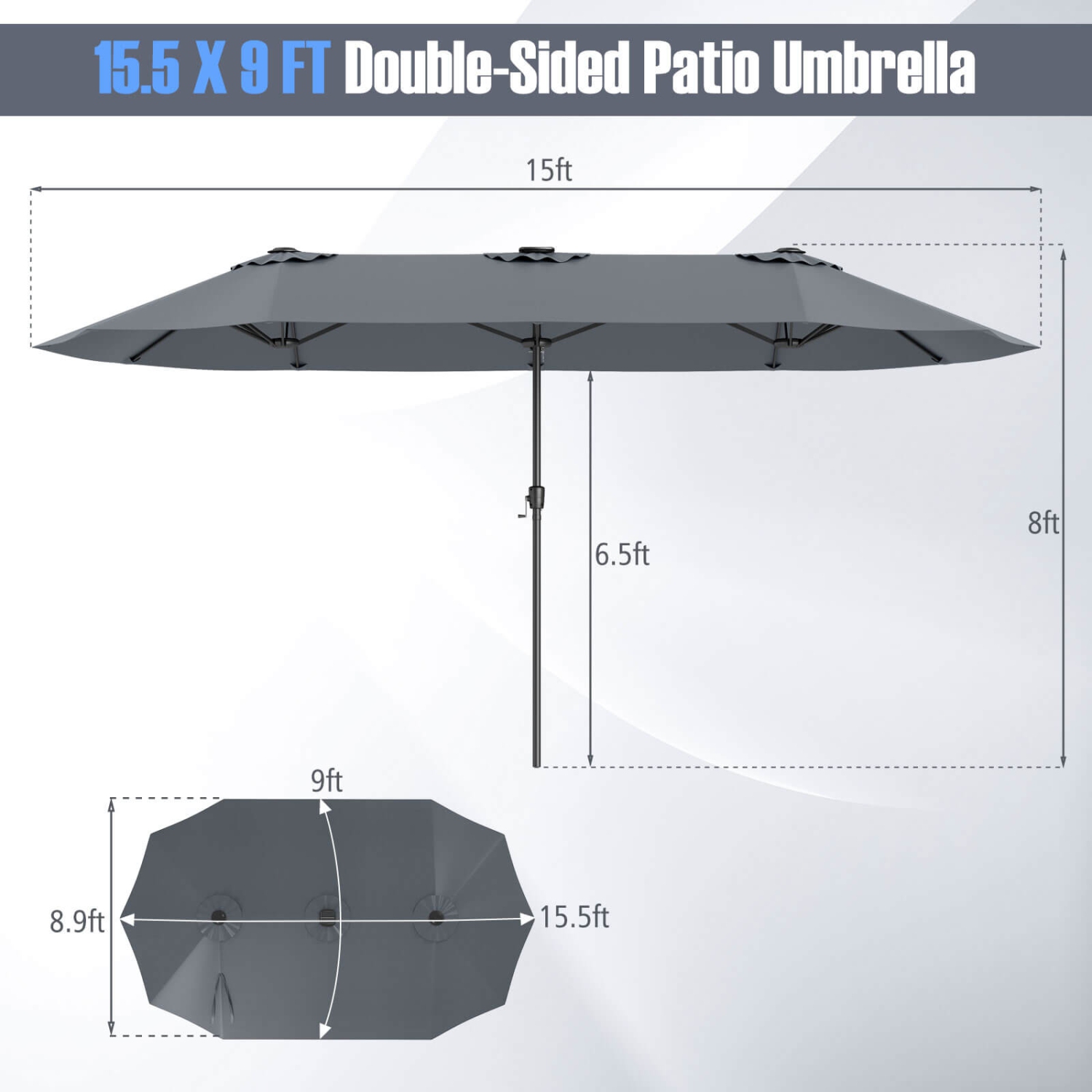 Costway 15.5 FT Extra-Large Patio Umbrella with LED Solar Lights & 12 Heavy-Duty Ribs Beige/Orange/Brown/Gray/Navy/Red
