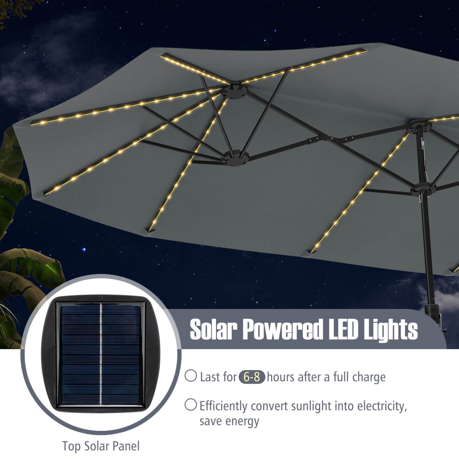 Costway 15.5 FT Extra-Large Patio Umbrella with LED Solar Lights & 12 Heavy-Duty Ribs Beige/Orange/Brown/Gray/Navy/Red