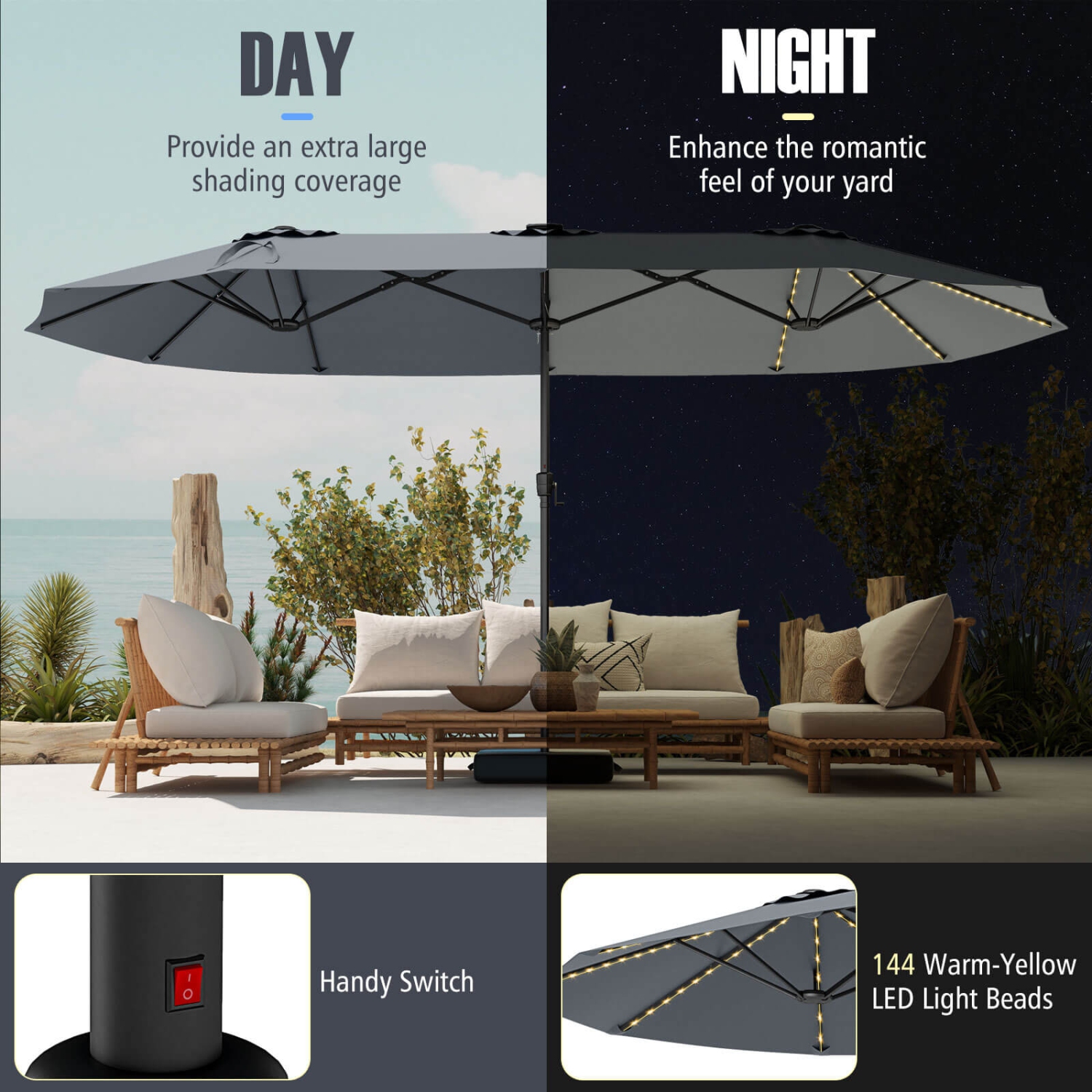 Costway 15.5 FT Extra-Large Patio Umbrella with LED Solar Lights & 12 Heavy-Duty Ribs Beige/Orange/Brown/Gray/Navy/Red