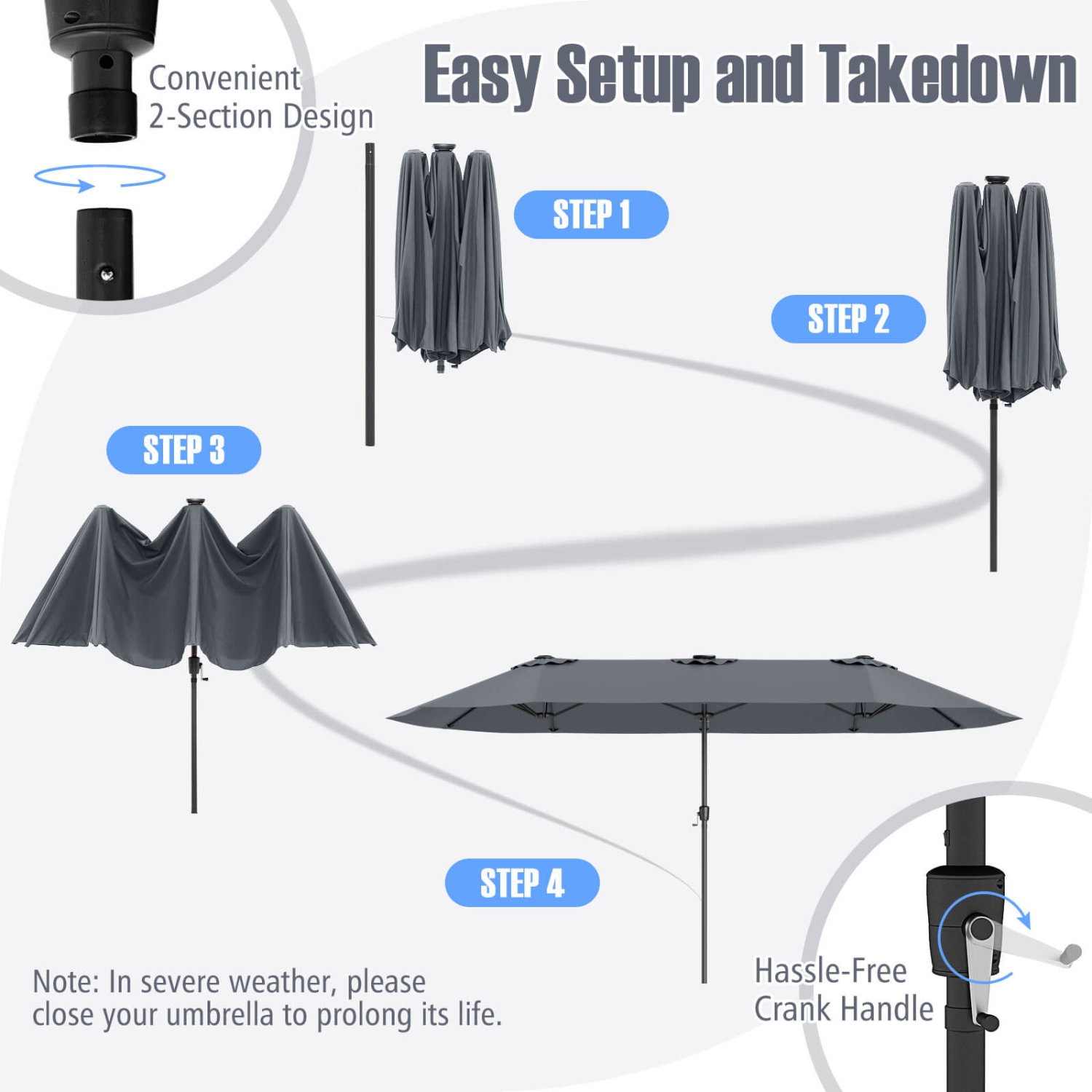 Costway 15.5 FT Extra-Large Patio Umbrella with LED Solar Lights & 12 Heavy-Duty Ribs Beige/Orange/Brown/Gray/Navy/Red