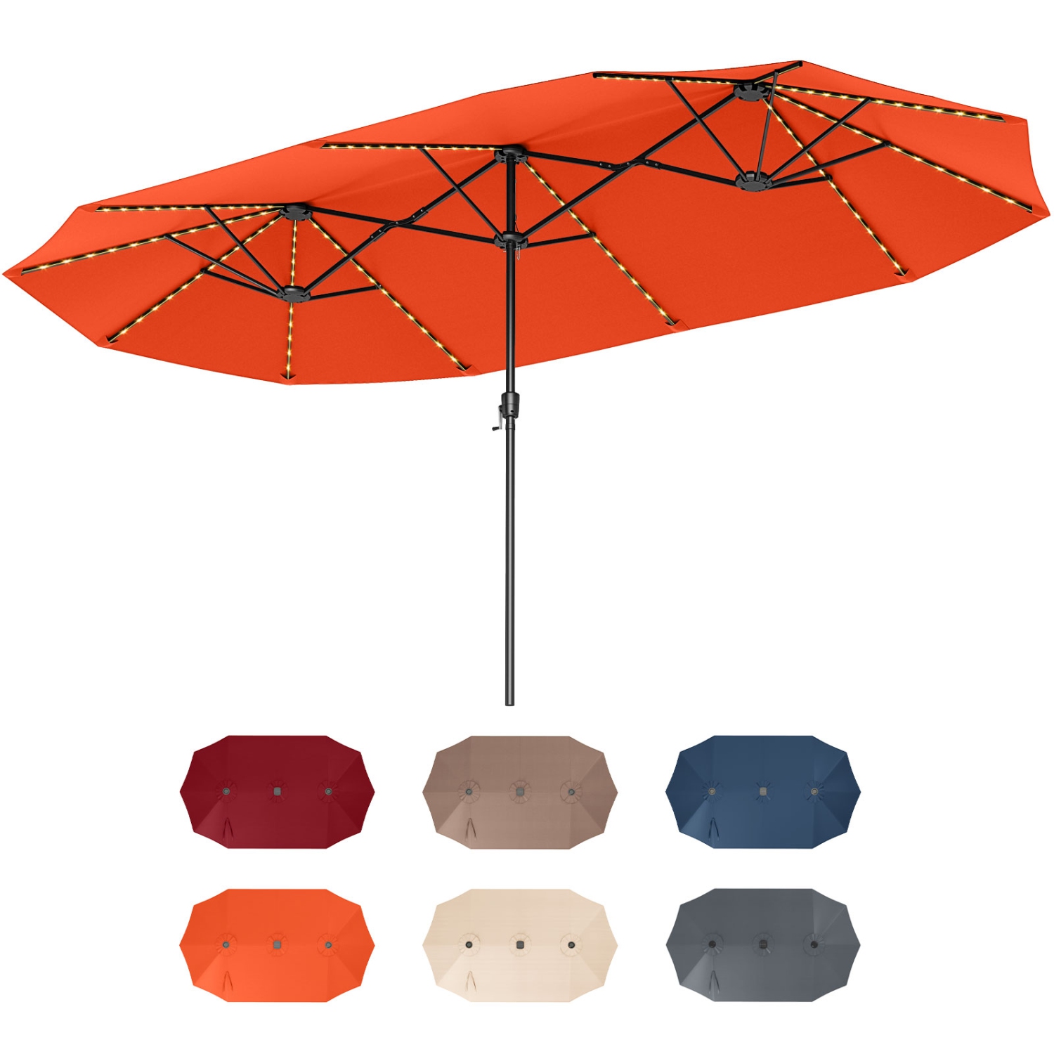 Costway 15.5 FT Extra-Large Patio Umbrella with LED Solar Lights & 12 Heavy-Duty Ribs Beige/Orange/Brown/Gray/Navy/Red