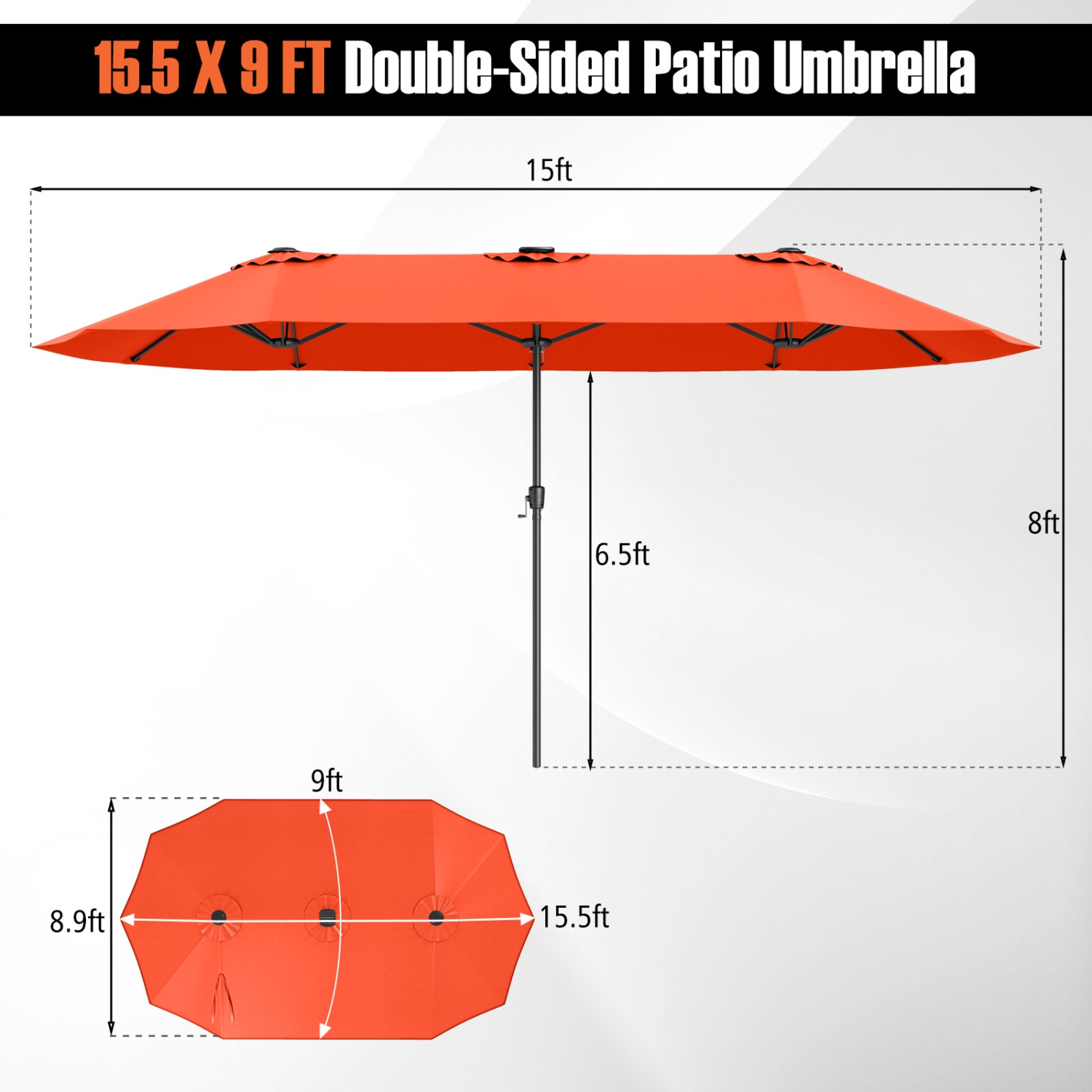 Costway 15.5 FT Extra-Large Patio Umbrella with LED Solar Lights & 12 Heavy-Duty Ribs Beige/Orange/Brown/Gray/Navy/Red