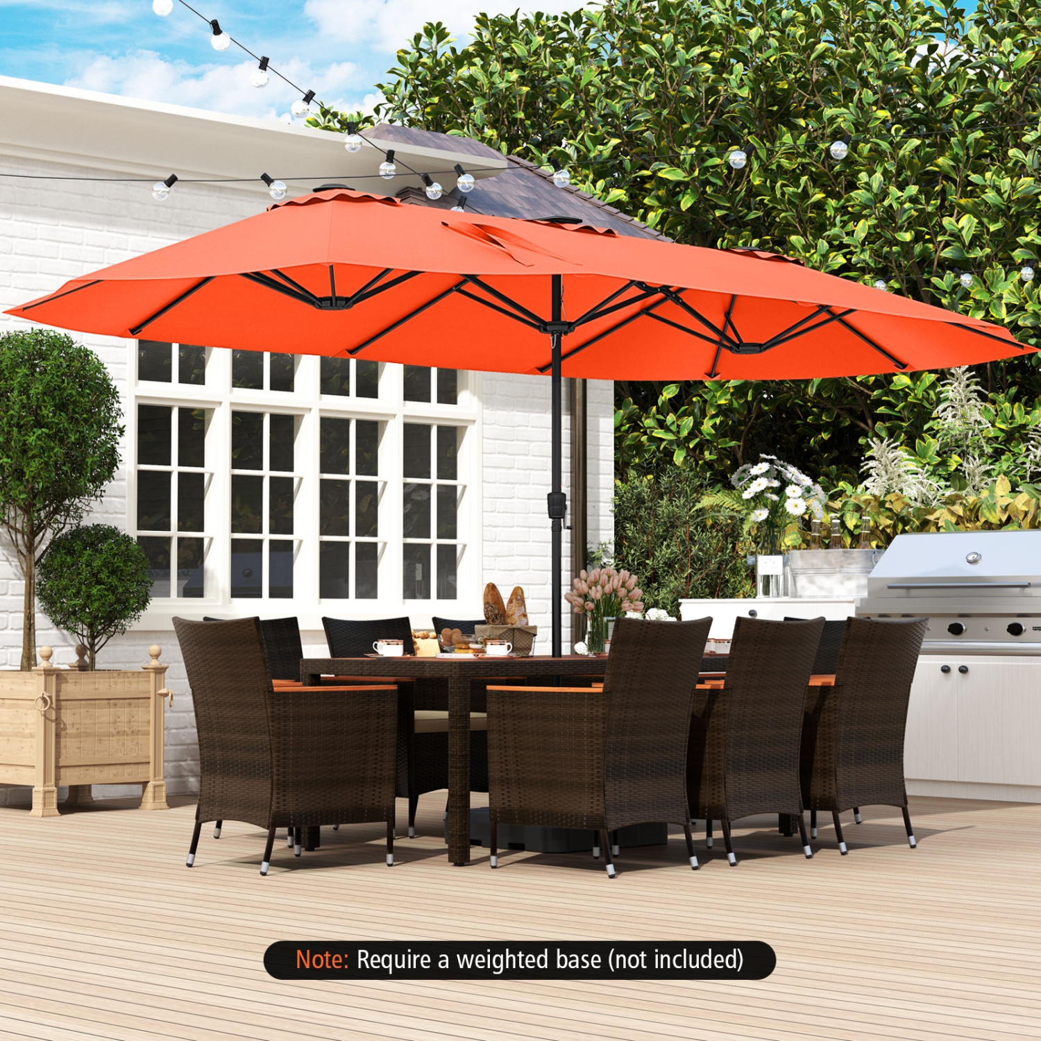Costway 15.5 FT Extra-Large Patio Umbrella with LED Solar Lights & 12 Heavy-Duty Ribs Beige/Orange/Brown/Gray/Navy/Red