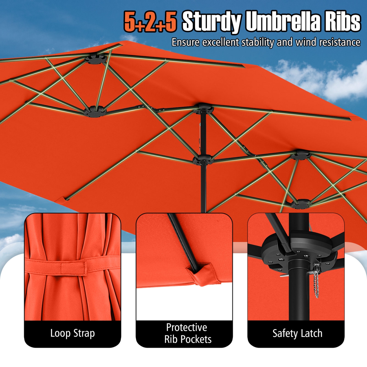 Costway 15.5 FT Extra-Large Patio Umbrella with LED Solar Lights & 12 Heavy-Duty Ribs Beige/Orange/Brown/Gray/Navy/Red