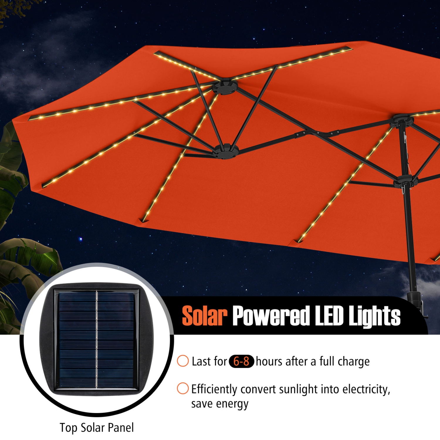 Costway 15.5 FT Extra-Large Patio Umbrella with LED Solar Lights & 12 Heavy-Duty Ribs Beige/Orange/Brown/Gray/Navy/Red