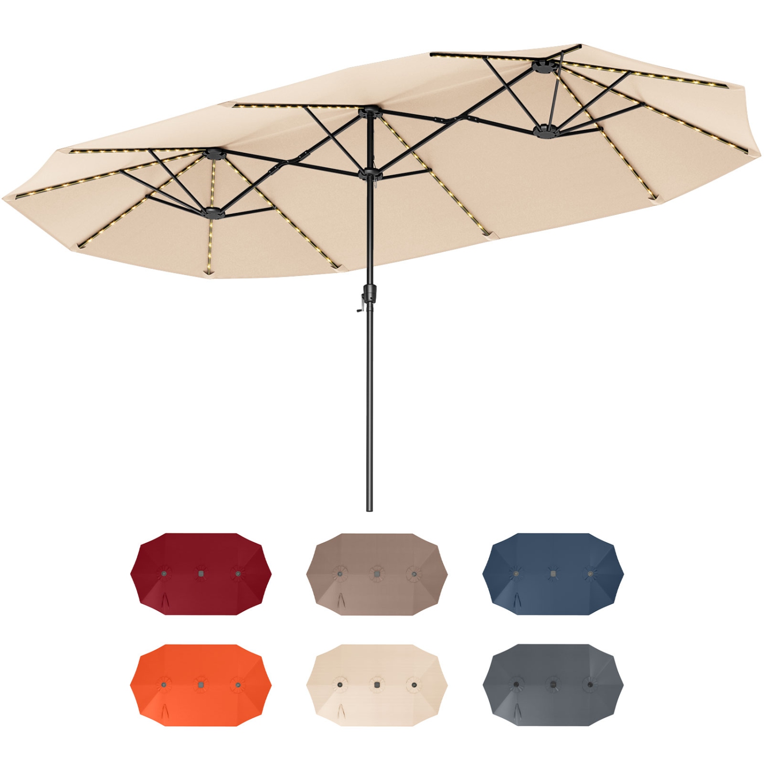 Costway 15.5 FT Extra-Large Patio Umbrella with LED Solar Lights & 12 Heavy-Duty Ribs Beige/Orange/Brown/Gray/Navy/Red