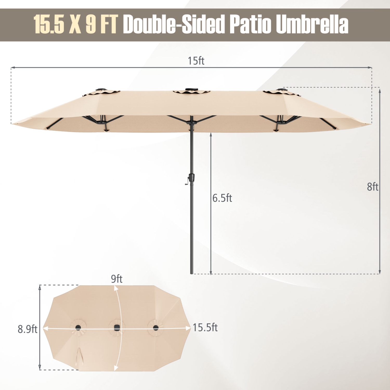 Costway 15.5 FT Extra-Large Patio Umbrella with LED Solar Lights & 12 Heavy-Duty Ribs Beige/Orange/Brown/Gray/Navy/Red