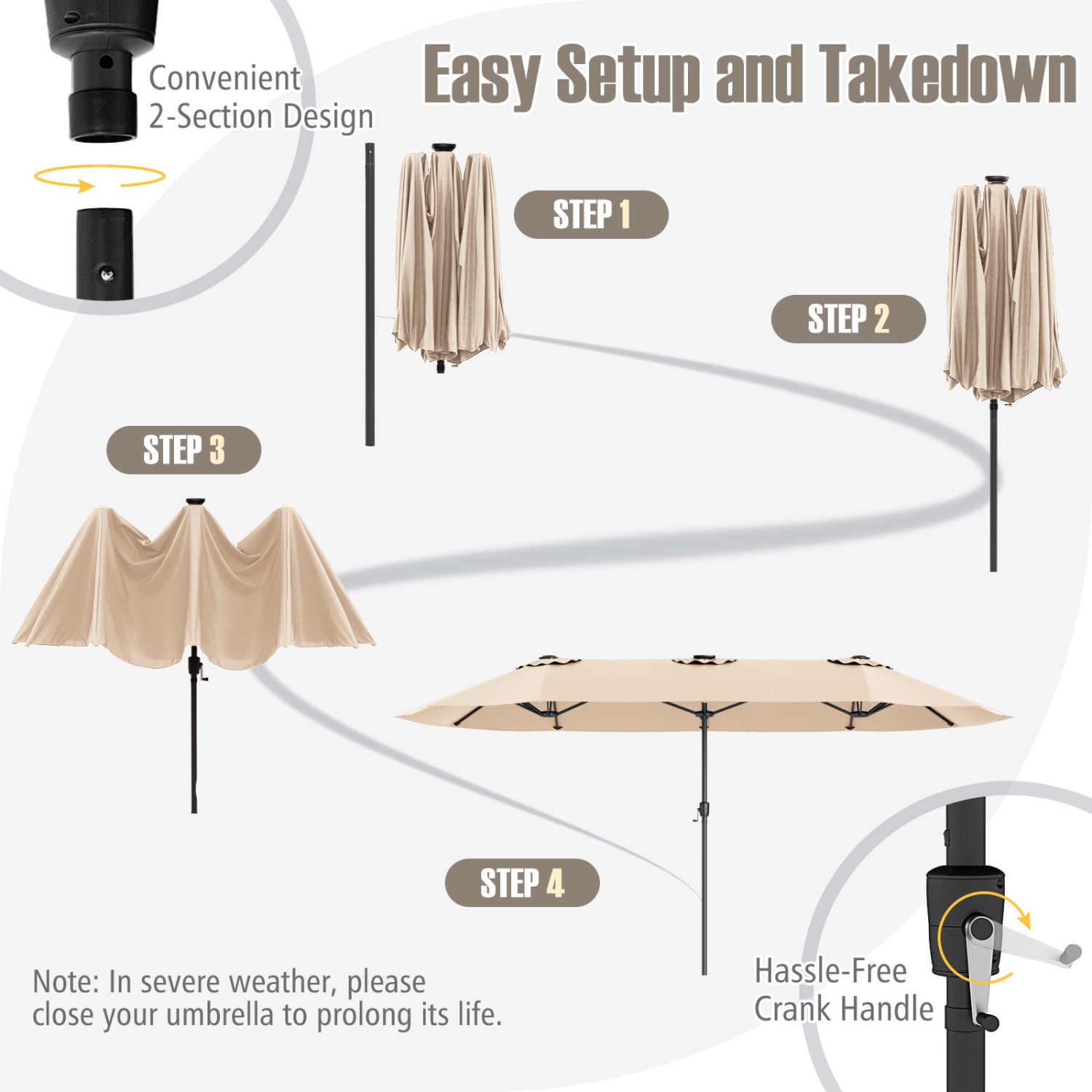 Costway 15.5 FT Extra-Large Patio Umbrella with LED Solar Lights & 12 Heavy-Duty Ribs Beige/Orange/Brown/Gray/Navy/Red