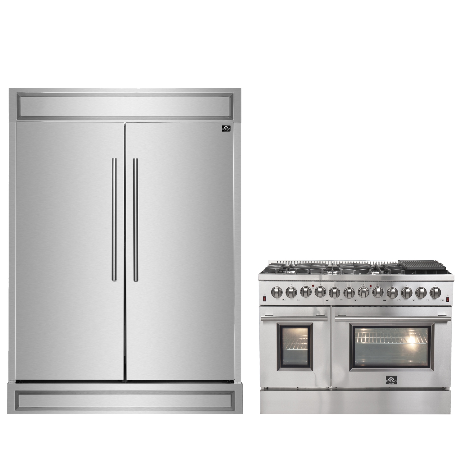 FORNO Premium 2-Piece Kitchen Bundle - Galiano 48" Stainless Steel Dual Fuel Range, Forno Maderno 2-28 " Wide Units with Decorative Trim -