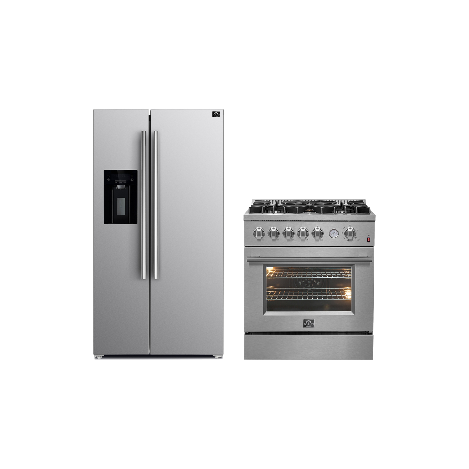 FORNO Premium 2-Piece Kitchen Bundle - Giovanni 30-inch Gas Range Stainless Steel, Salerno 36" Side by Side Stainless Steel Refrigerator 20 cu.ft