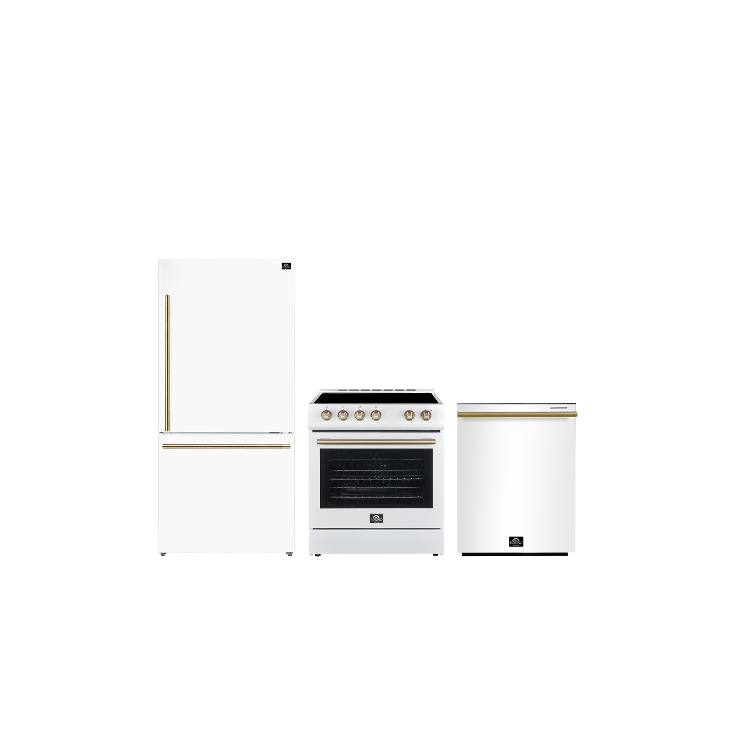 FORNO Premium 3-Piece Kitchen Bundle - Leonardo Espresso 30" White Range, 31" White Bottom Freezer Refrigerator, 24" White Built-In Dishwasher -