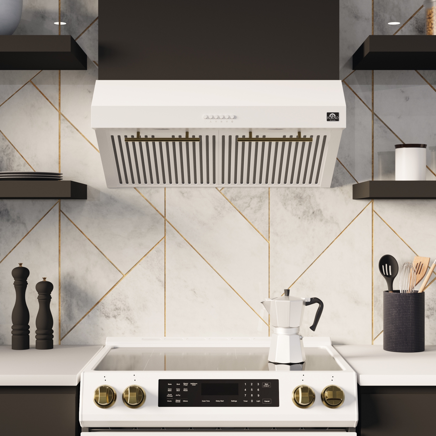 FORNO Premium 2-Piece Kitchen Bundle - Leonardo Espresso 30" White Range, 30" White Range Hood - FBDL-002-03CA
