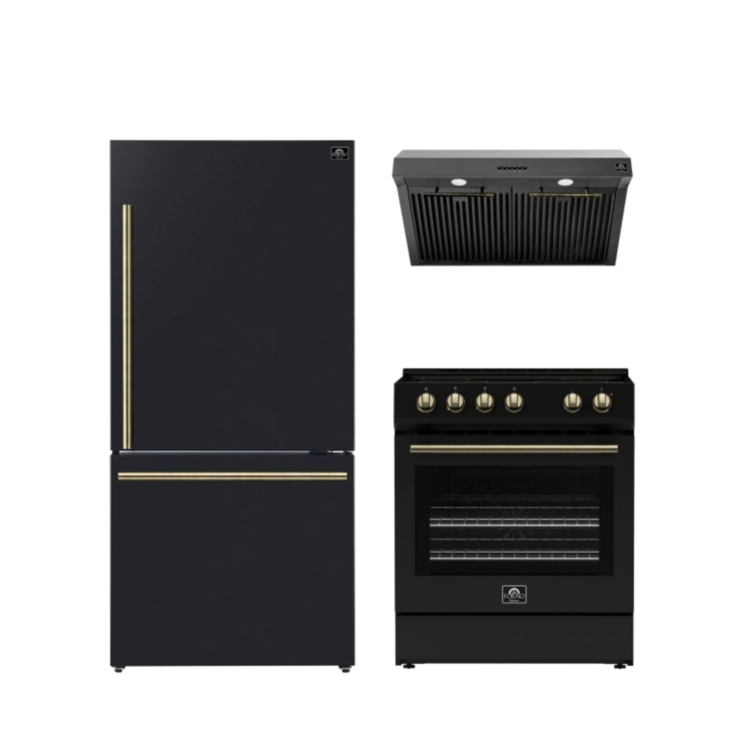 Ensemble de cuisine Forno Premium 3 pièces - Cuisinière noire Leonardo de 30&nbsp;po, hotte noire de 30&nbsp;po, réfrigérateur noir de 31&nbsp;po -