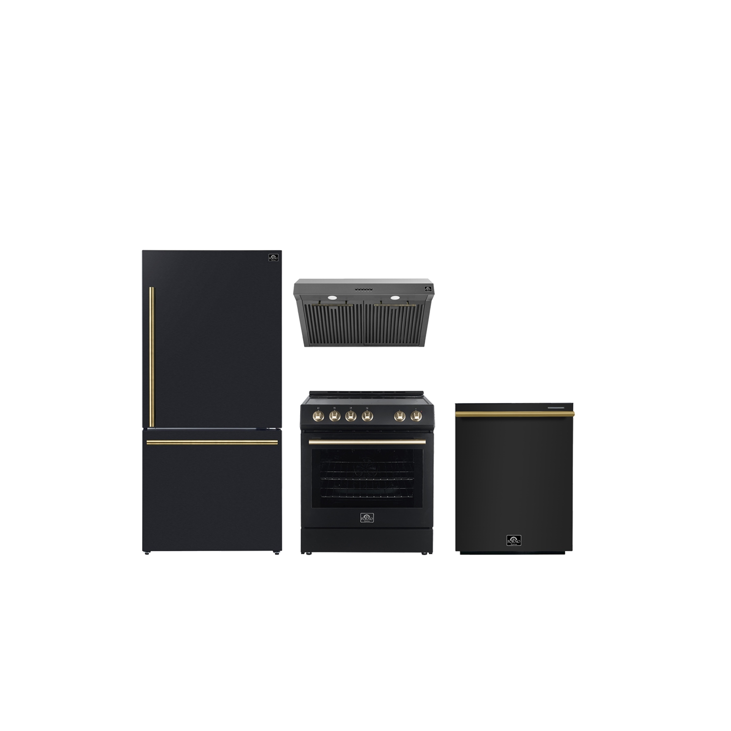 FORNO Premium 4-Piece Kitchen Bundle - Leonardo Espresso 30" Black Range, 30" Black Range Hood, 31" Black Bottom Freezer Refrigerator, 24" Black