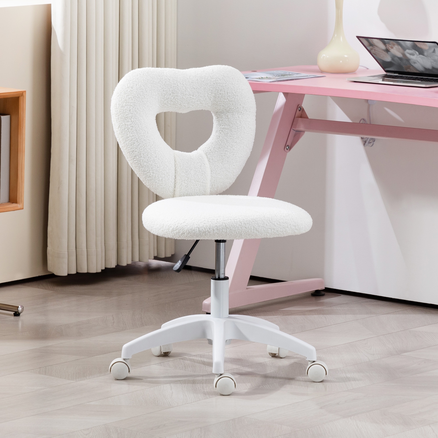 HOMCOM Armless Office Desk Chair, Height Adjustable Computer Task Chair, Modern Teddy Fleece Makeup Vanity Chair with Swivel Wheels, White
