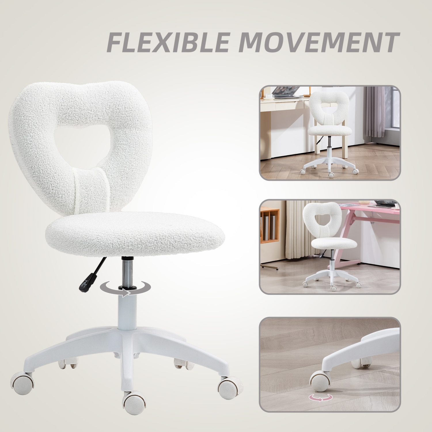 HOMCOM Armless Office Desk Chair, Height Adjustable Computer Task Chair, Modern Teddy Fleece Makeup Vanity Chair with Swivel Wheels, White
