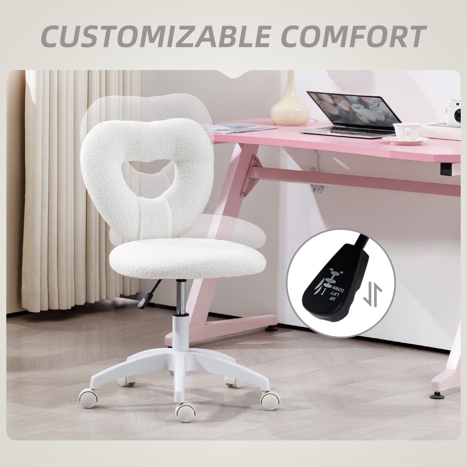 HOMCOM Armless Office Desk Chair, Height Adjustable Computer Task Chair, Modern Teddy Fleece Makeup Vanity Chair with Swivel Wheels, White