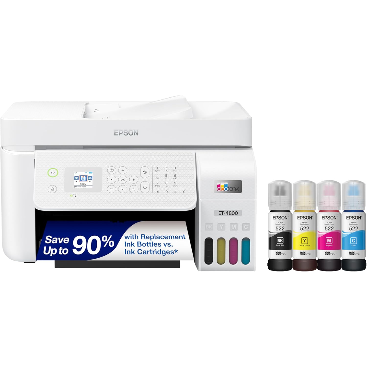 Epson EcoTank ET-4800 Wireless All-in-One Printer with Scanner, Copier, Fax, ADF, Ethernet – Cartridge-Free Supertank System