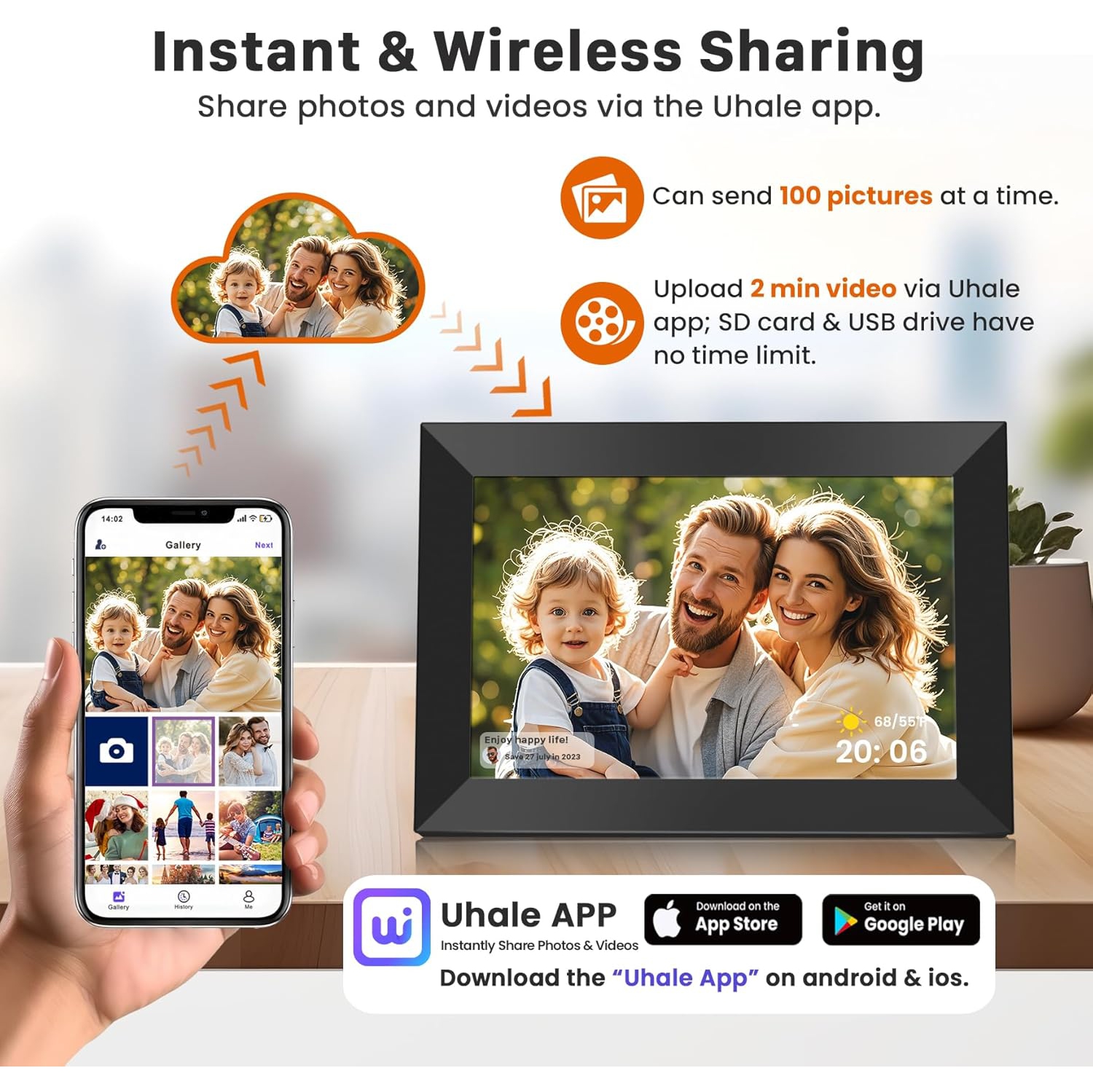 Écran tactile HD IPS Wi-Fi de 10&nbsp;po, cadre photo intelligent électronique 32G, partage instantané de photos et de vidéos avec l'application Uhale