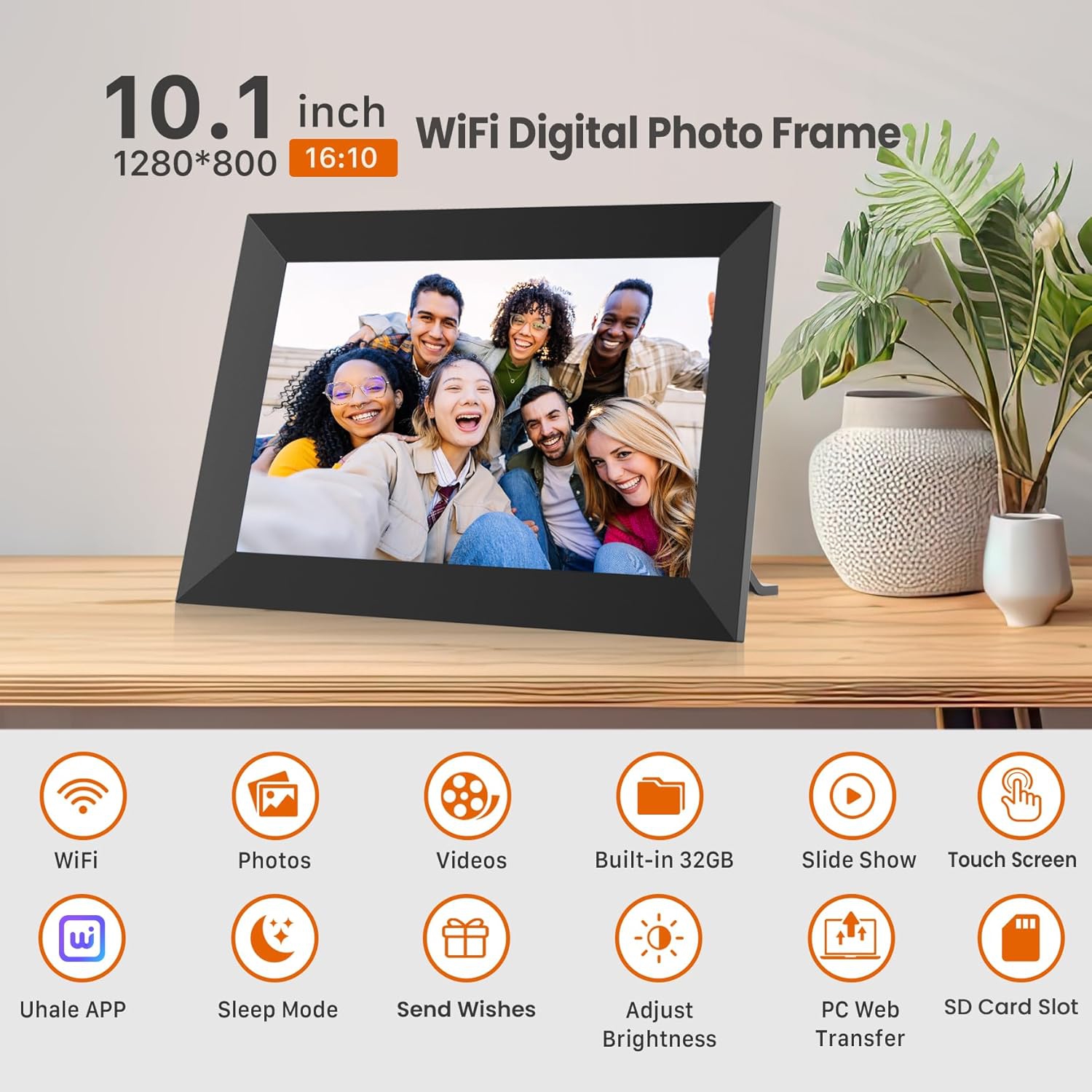 Écran tactile HD IPS Wi-Fi de 10&nbsp;po, cadre photo intelligent électronique 32G, partage instantané de photos et de vidéos avec l'application Uhale